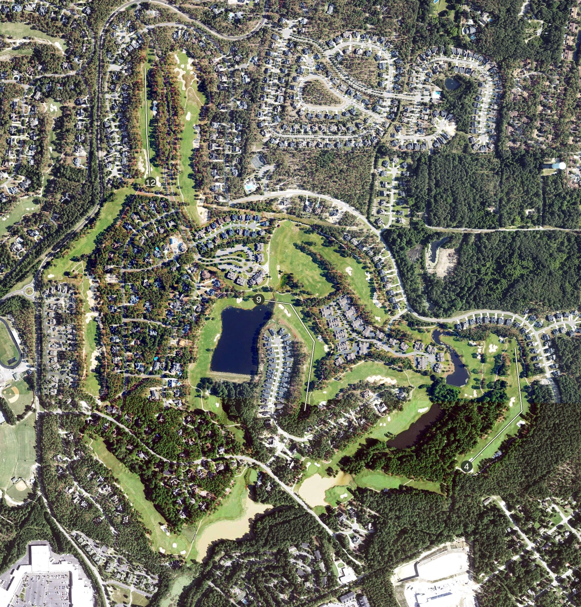 Aerial view of Mid South Club, NC, with its hole routing marked