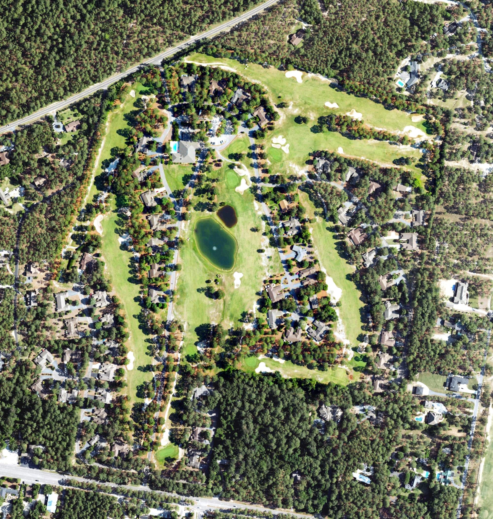 Aerial view of Midland Country Club, NC, with its hole routing marked