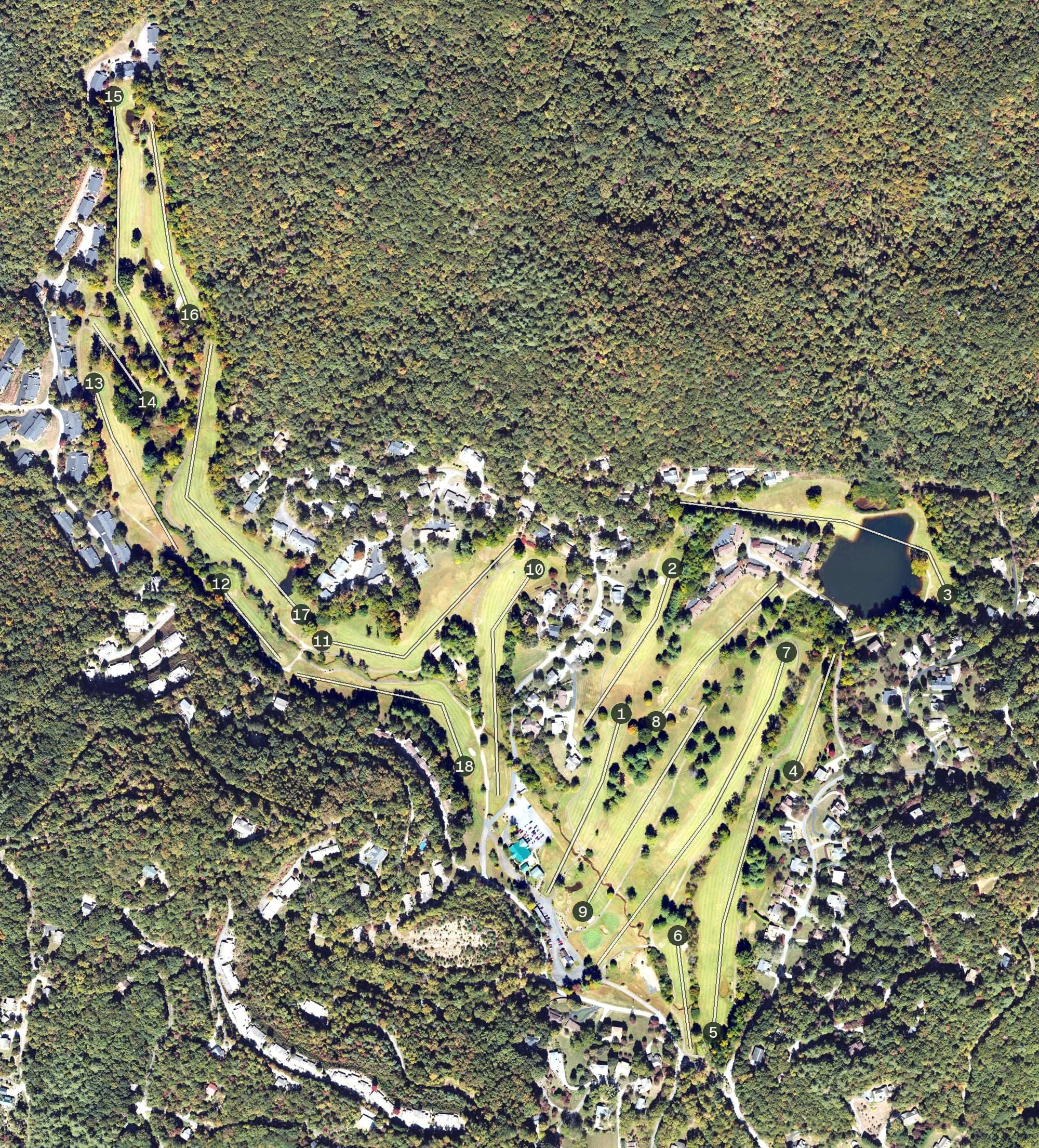 Aerial view of Mill Creek Country Club, NC, with its hole routing marked