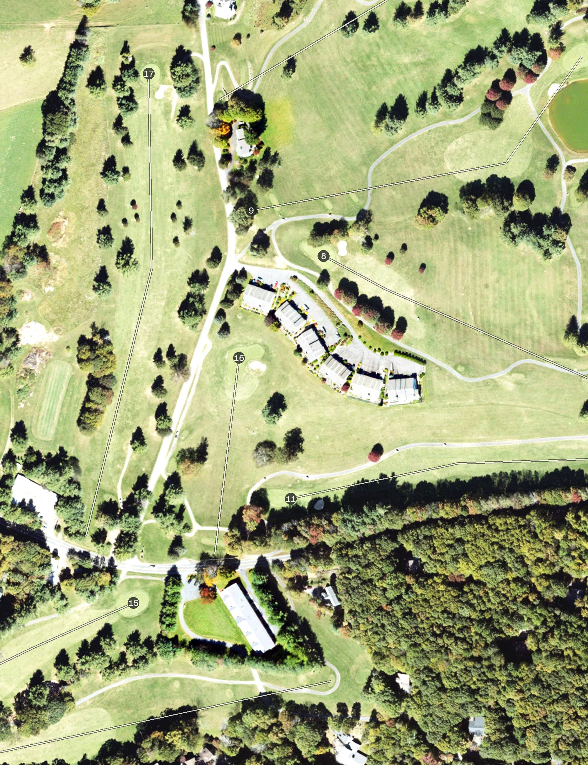 Aerial view of Mountain Aire Golf Course, NC, with its hole routing marked
