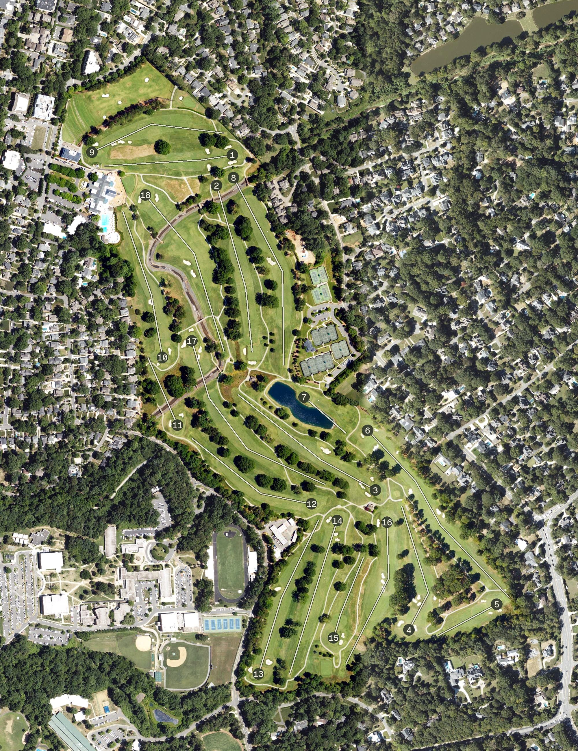 Aerial view of Myers Park Country Club, NC, with its hole routing marked