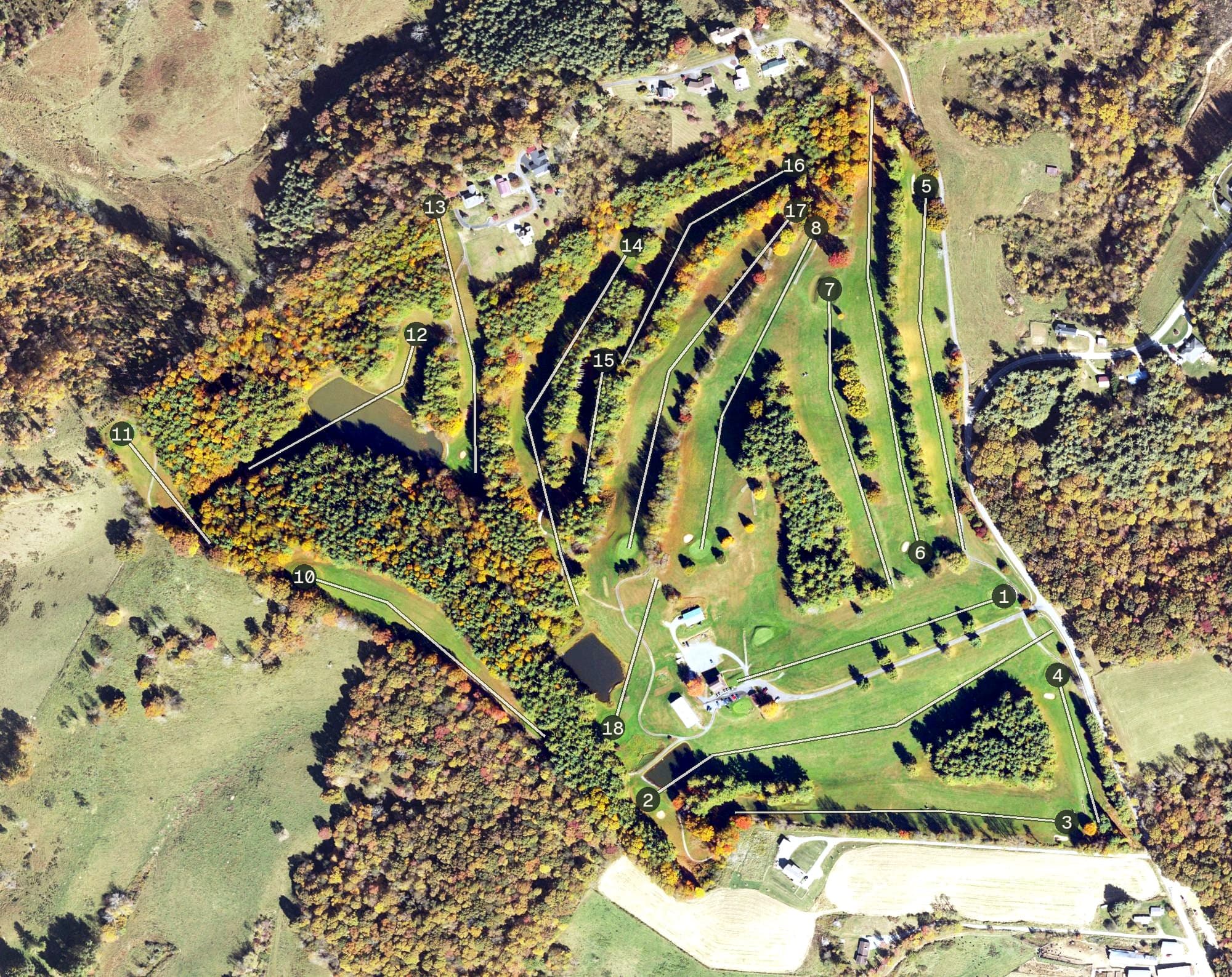 Aerial view of New River Country Club, NC, with its hole routing marked