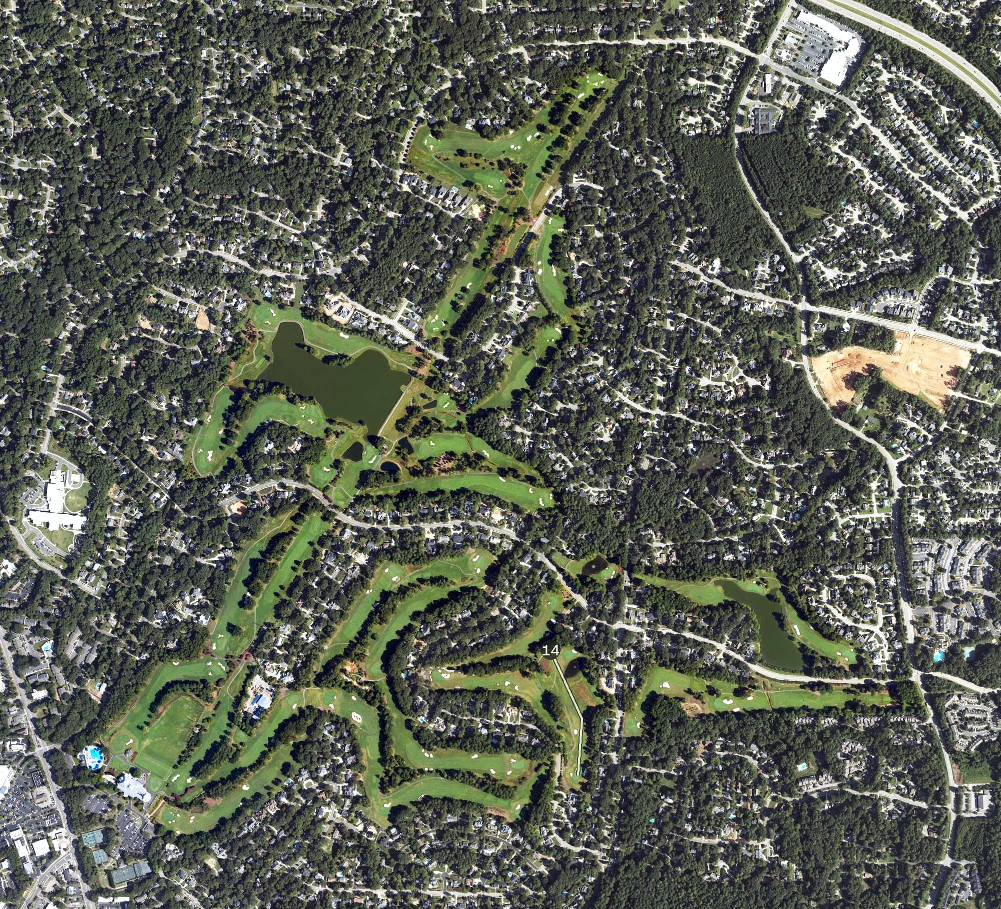 Aerial view of North Ridge Country Club, NC, with its hole routing marked