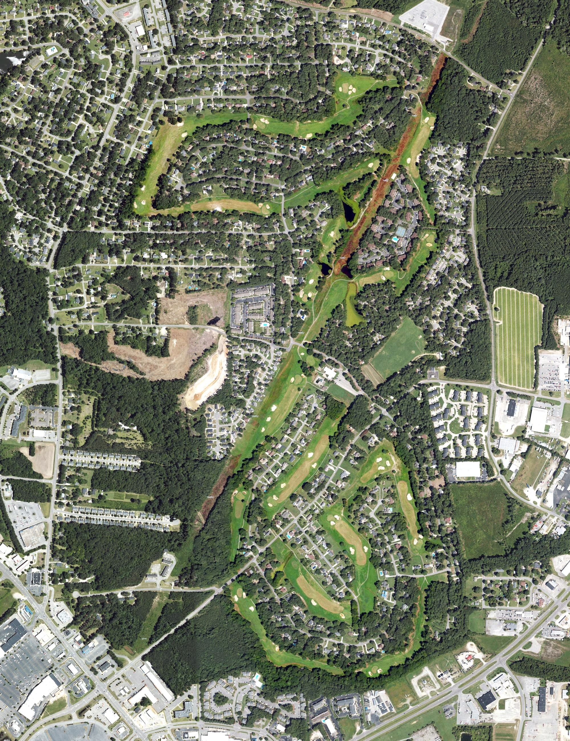 Aerial view of Northgreen Country Club Golf Course, NC, with its hole routing marked