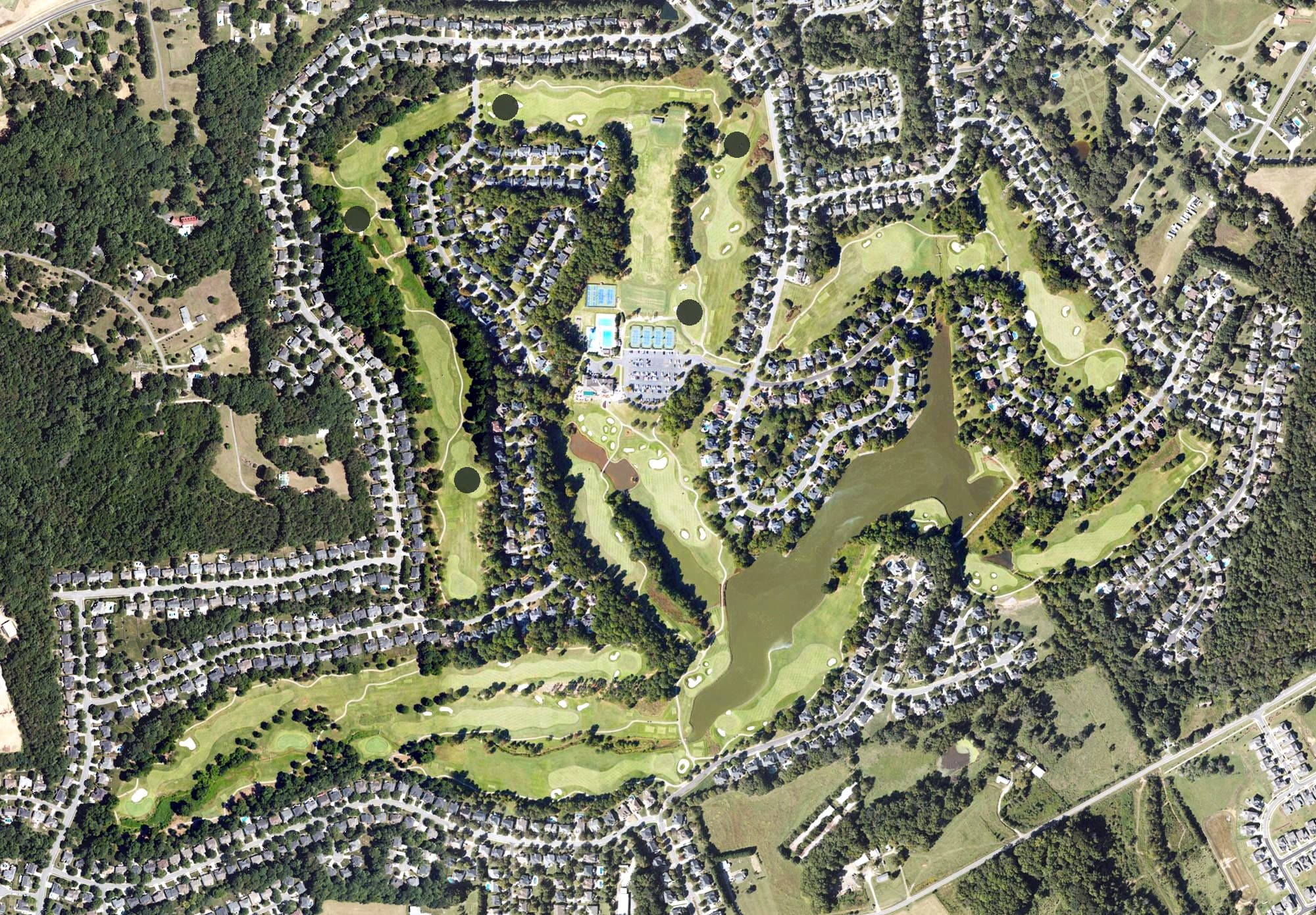 Aerial view of NorthStone Country Club, NC, with its hole routing marked