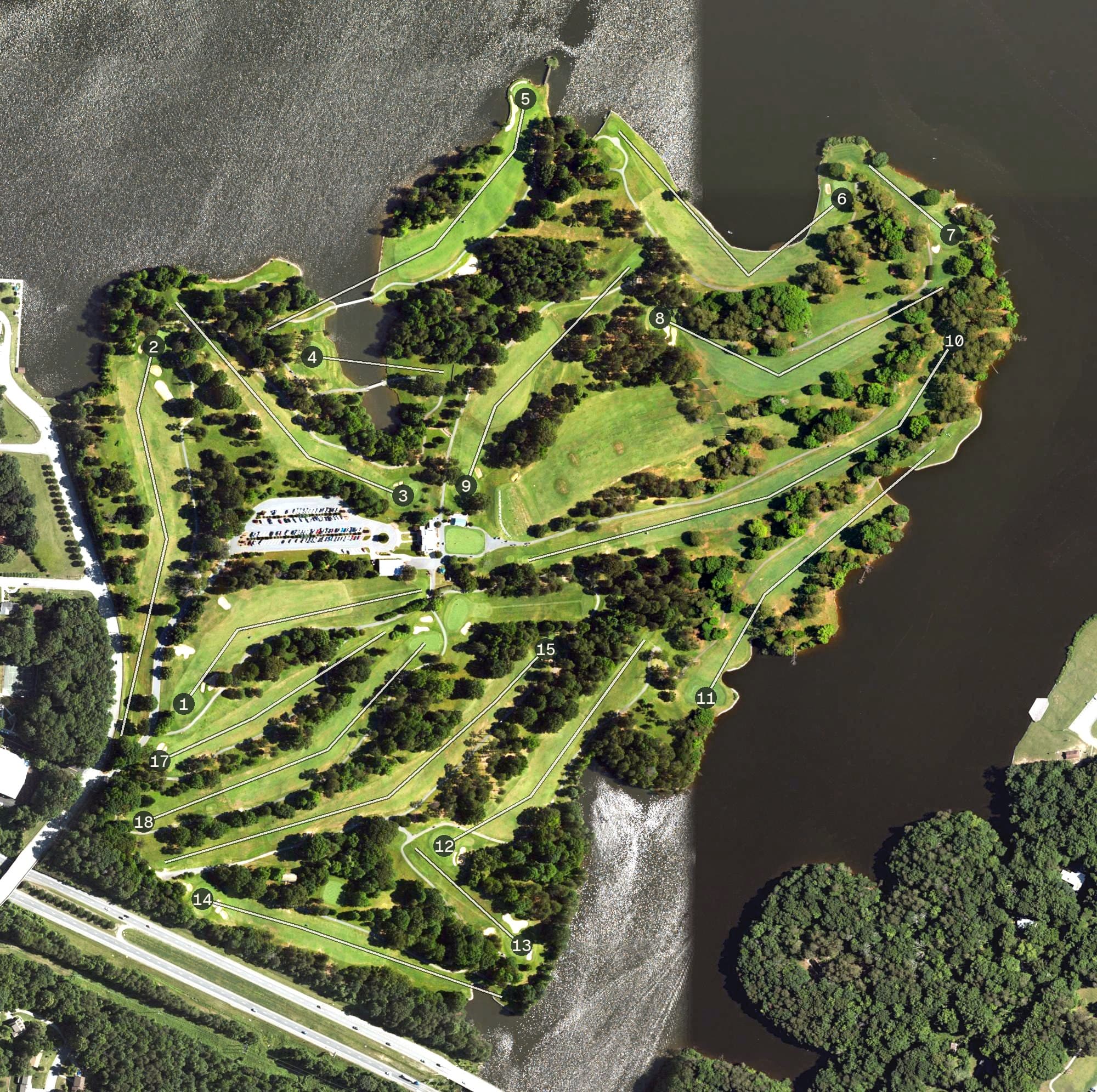 Aerial view of Oak Hollow Golf Course, NC, with its hole routing marked