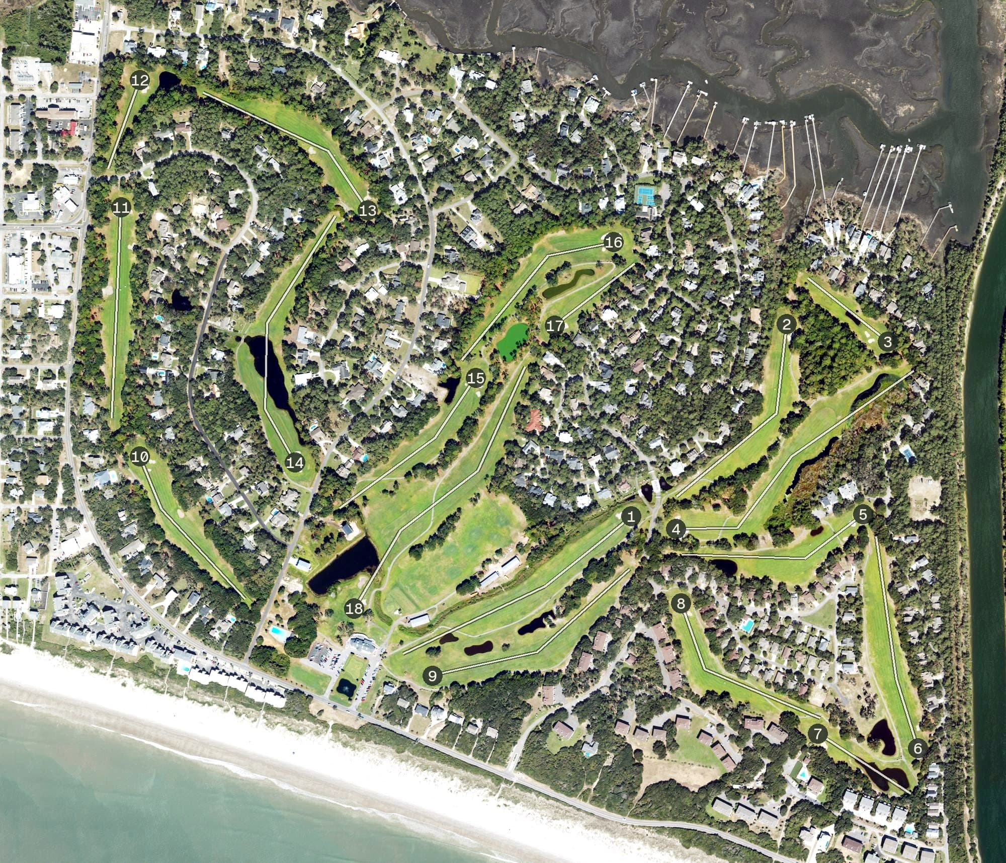 Aerial view of Oak Island Golf Club, NC, with its hole routing marked