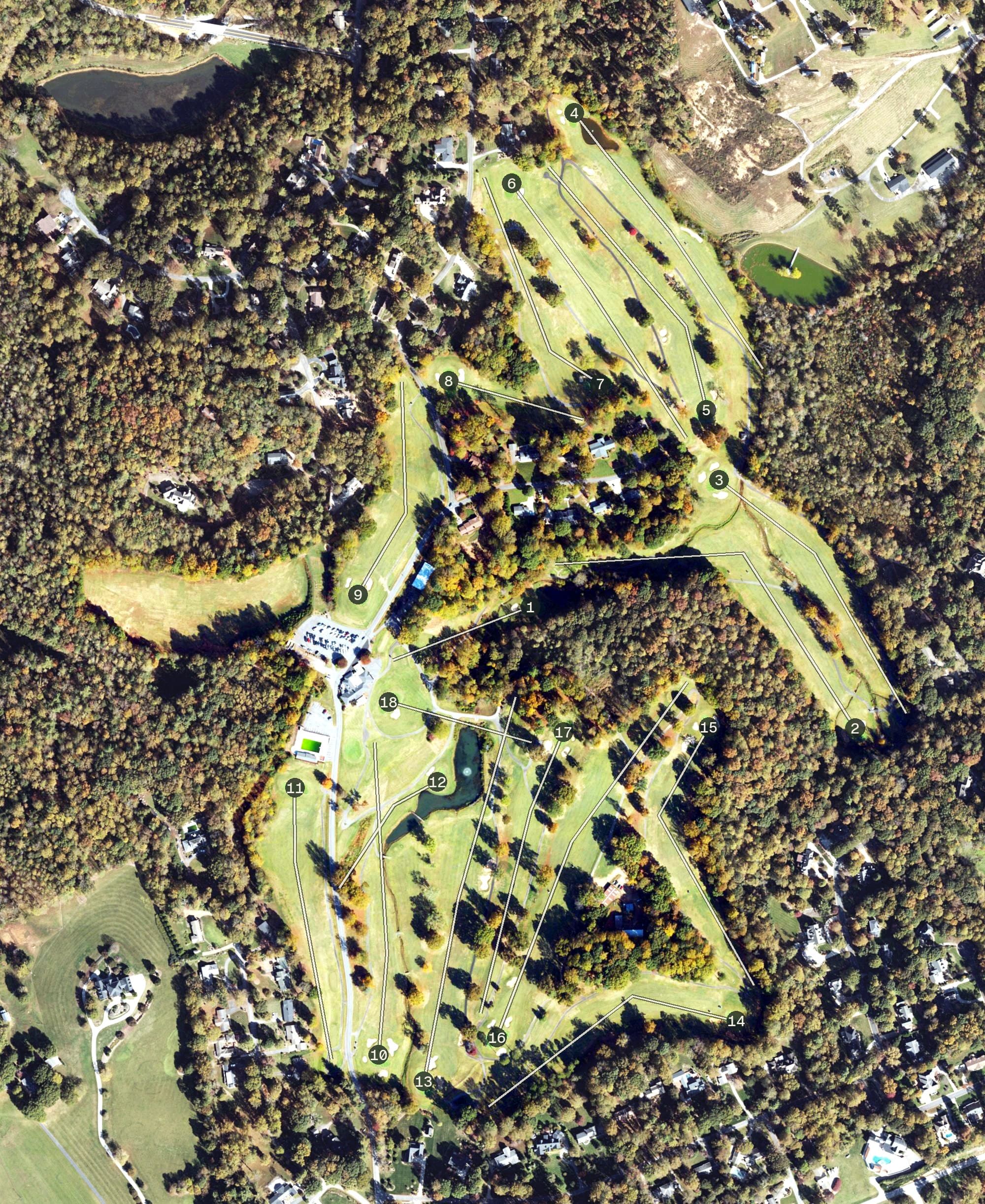Aerial view of Oakwoods Country Club, NC, with its hole routing marked