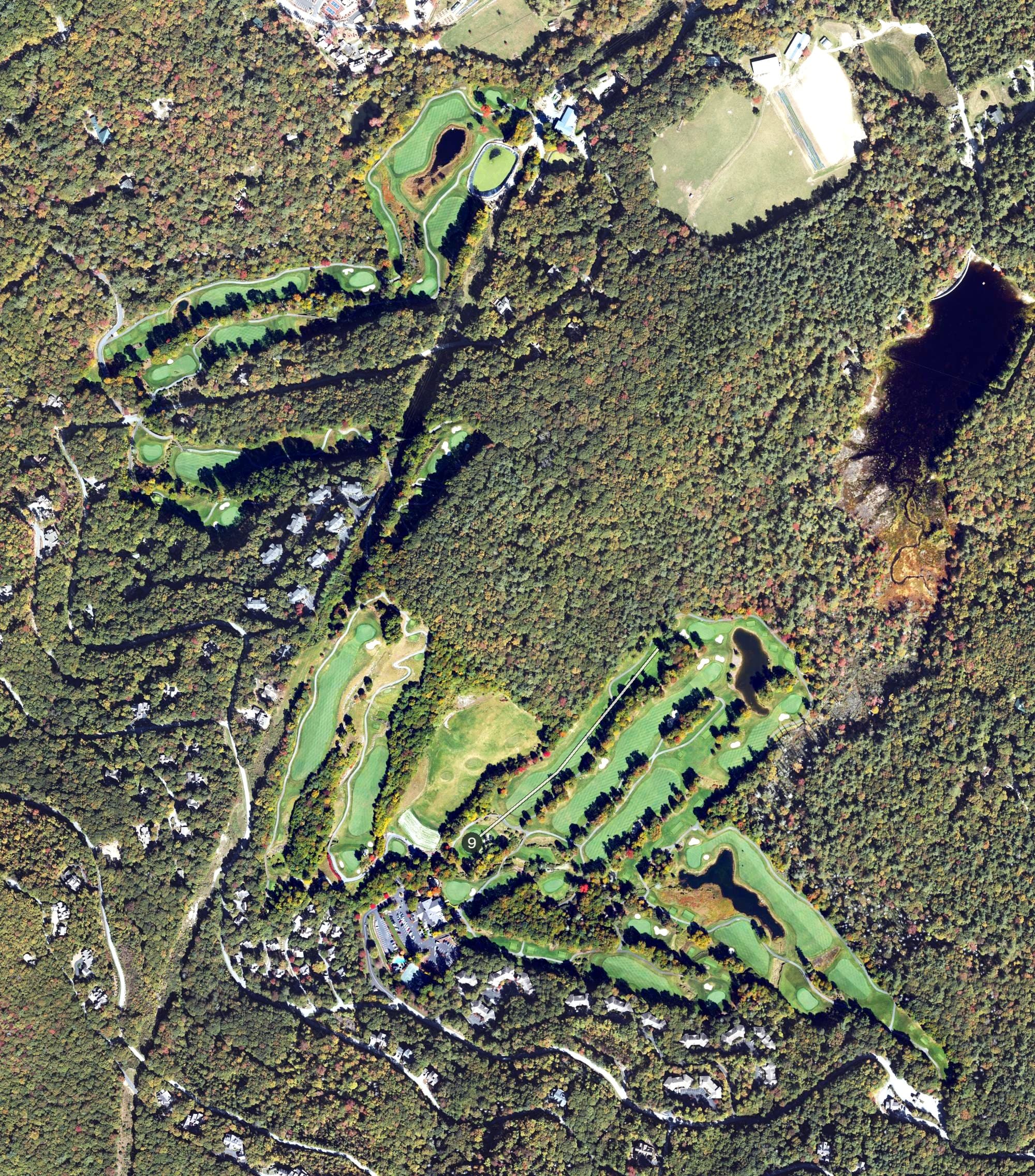 Aerial view of Old Edward's Club, NC, with its hole routing marked