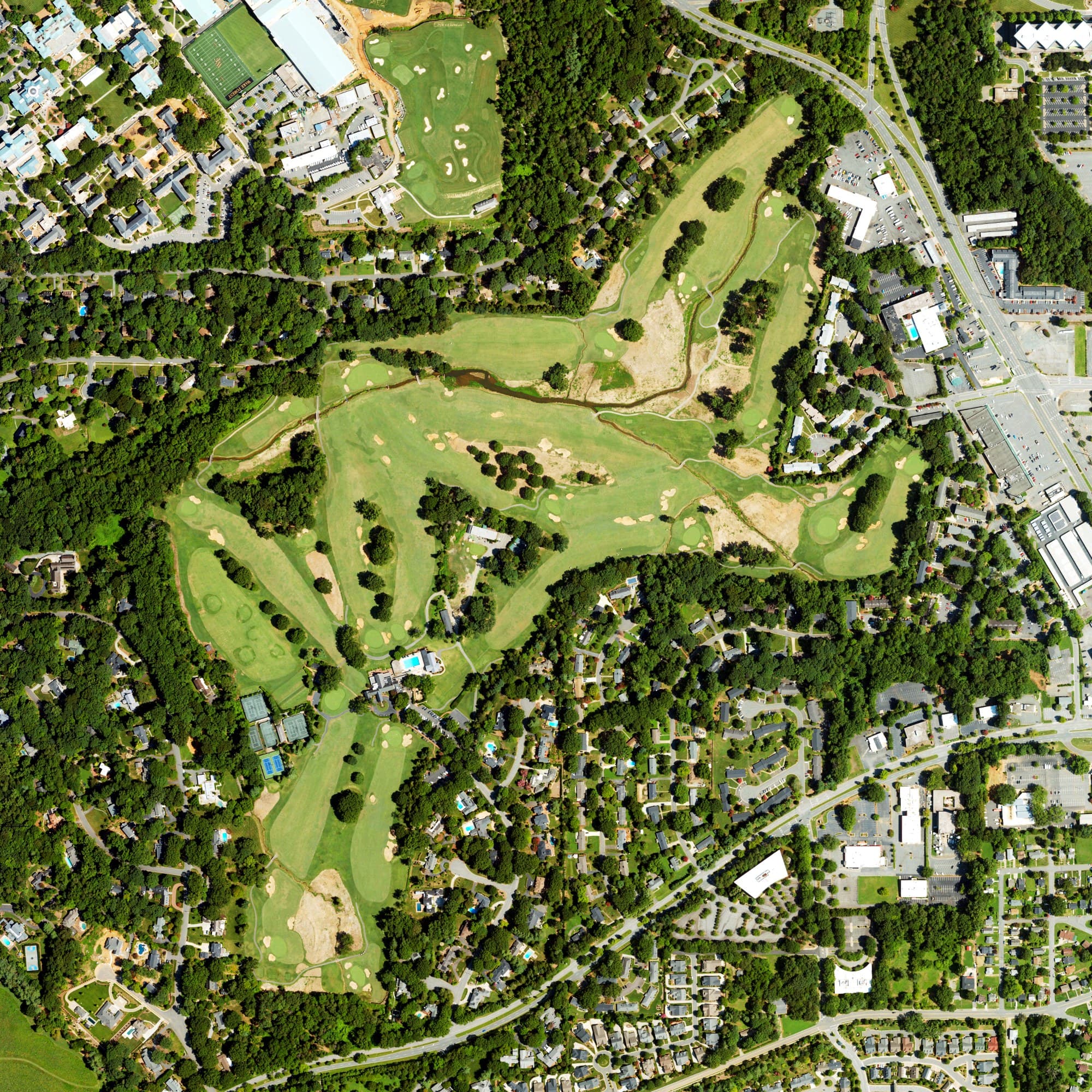 Aerial view of Old Town Country Club, NC, with its hole routing marked