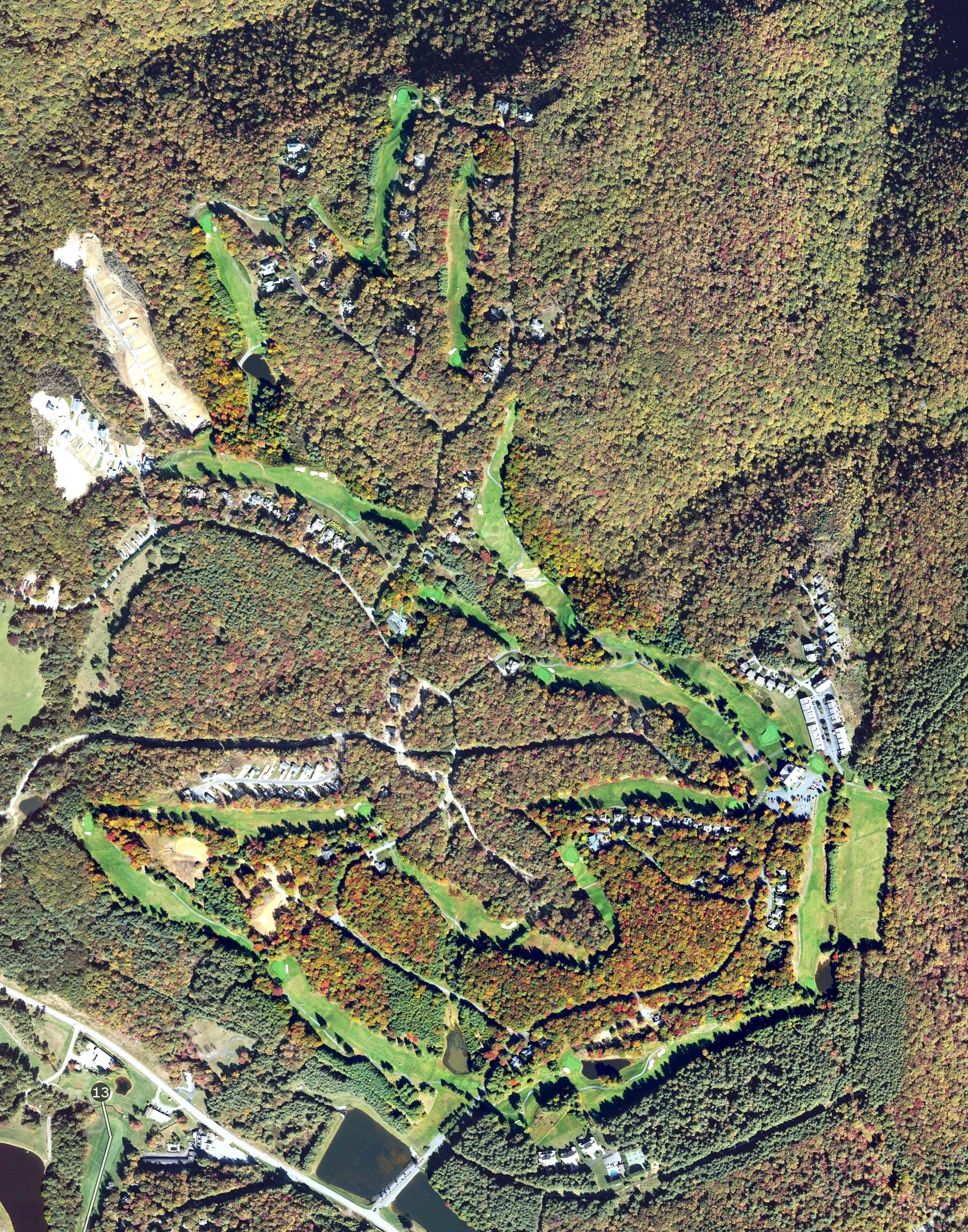 Aerial view of Olde Beau Resort & Golf Club, NC, with its hole routing marked