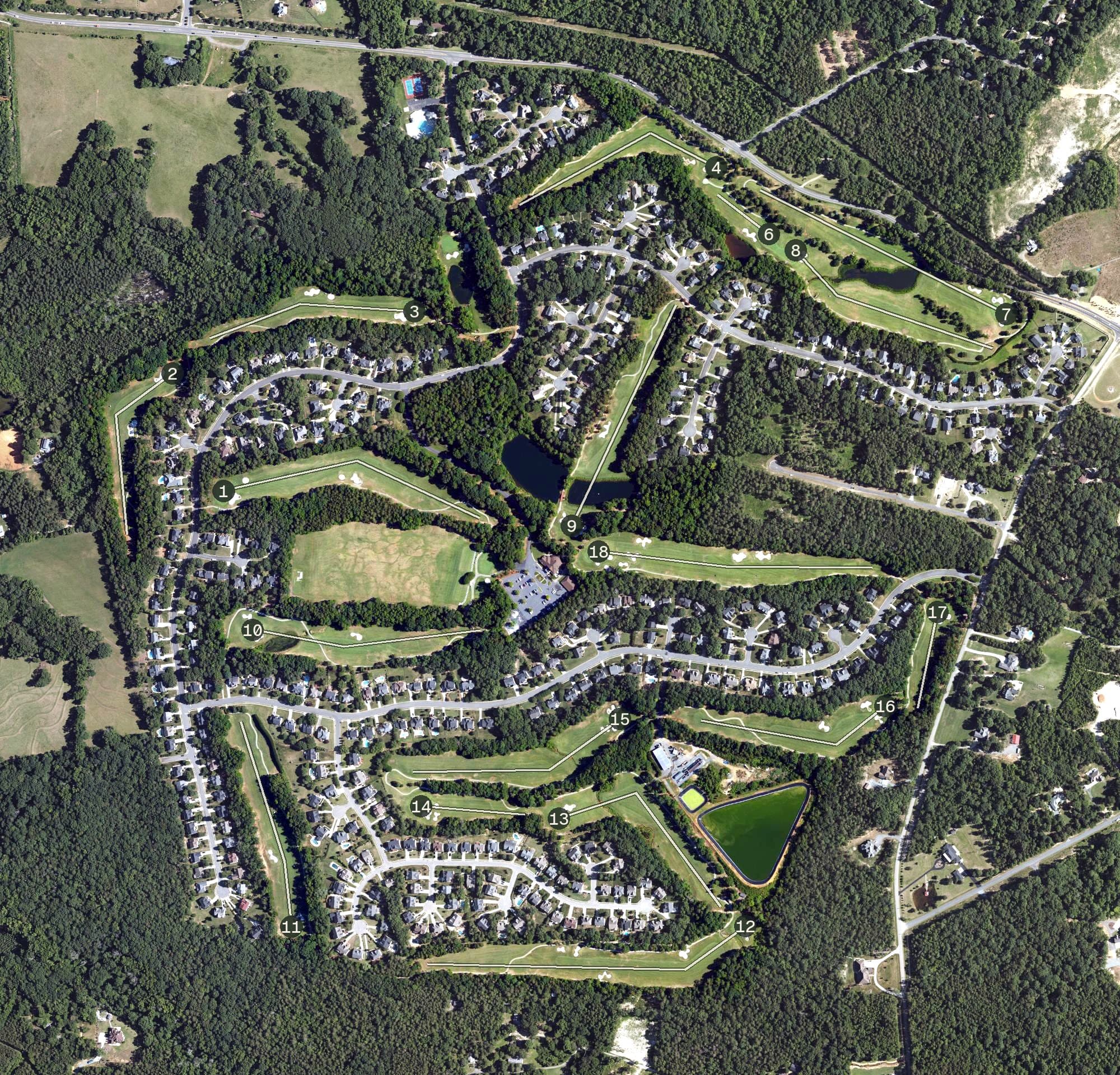 Aerial view of Olde Sycamore Golf Plantation, NC, with its hole routing marked
