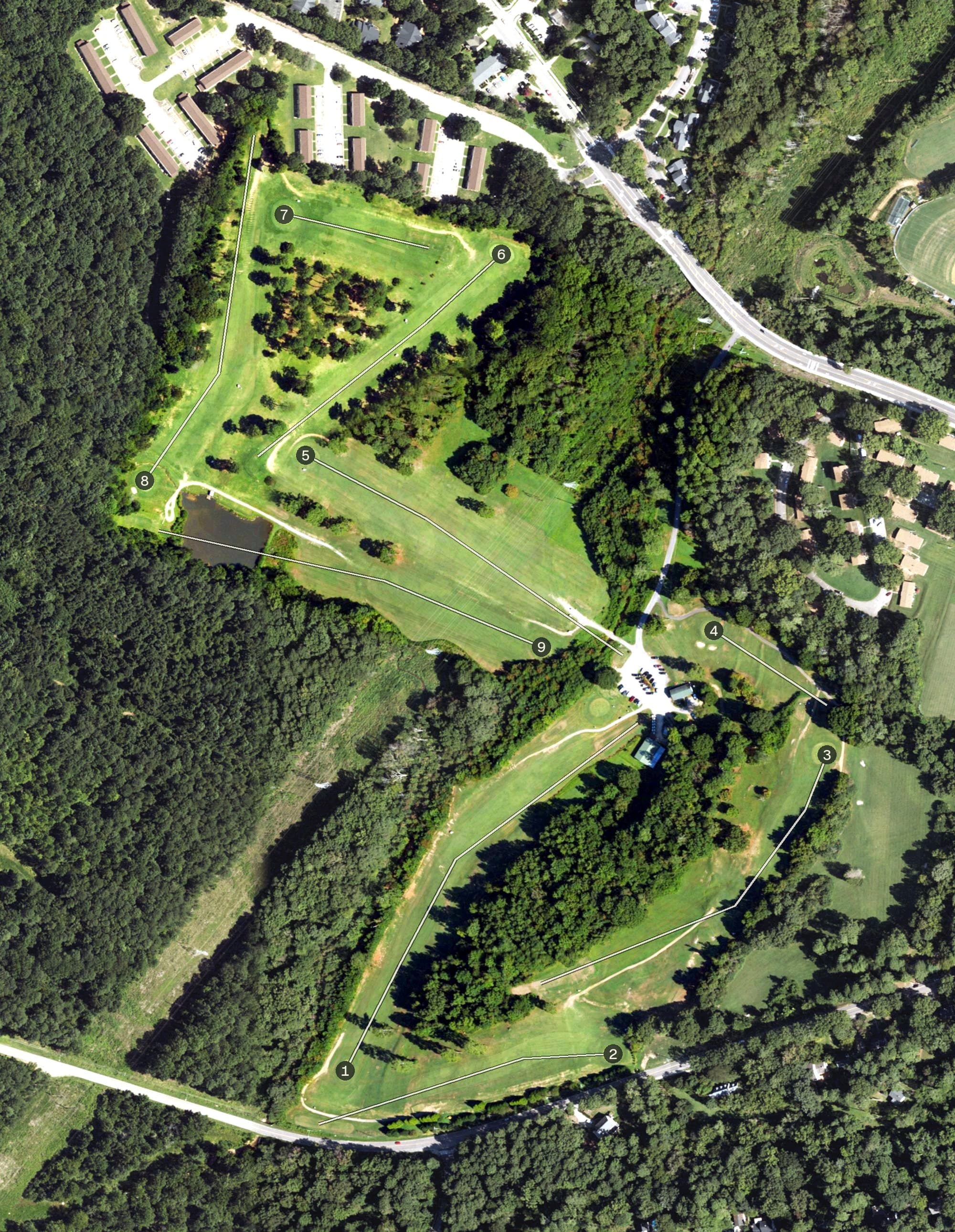 Aerial view of Paschal Golf Club, NC, with its hole routing marked