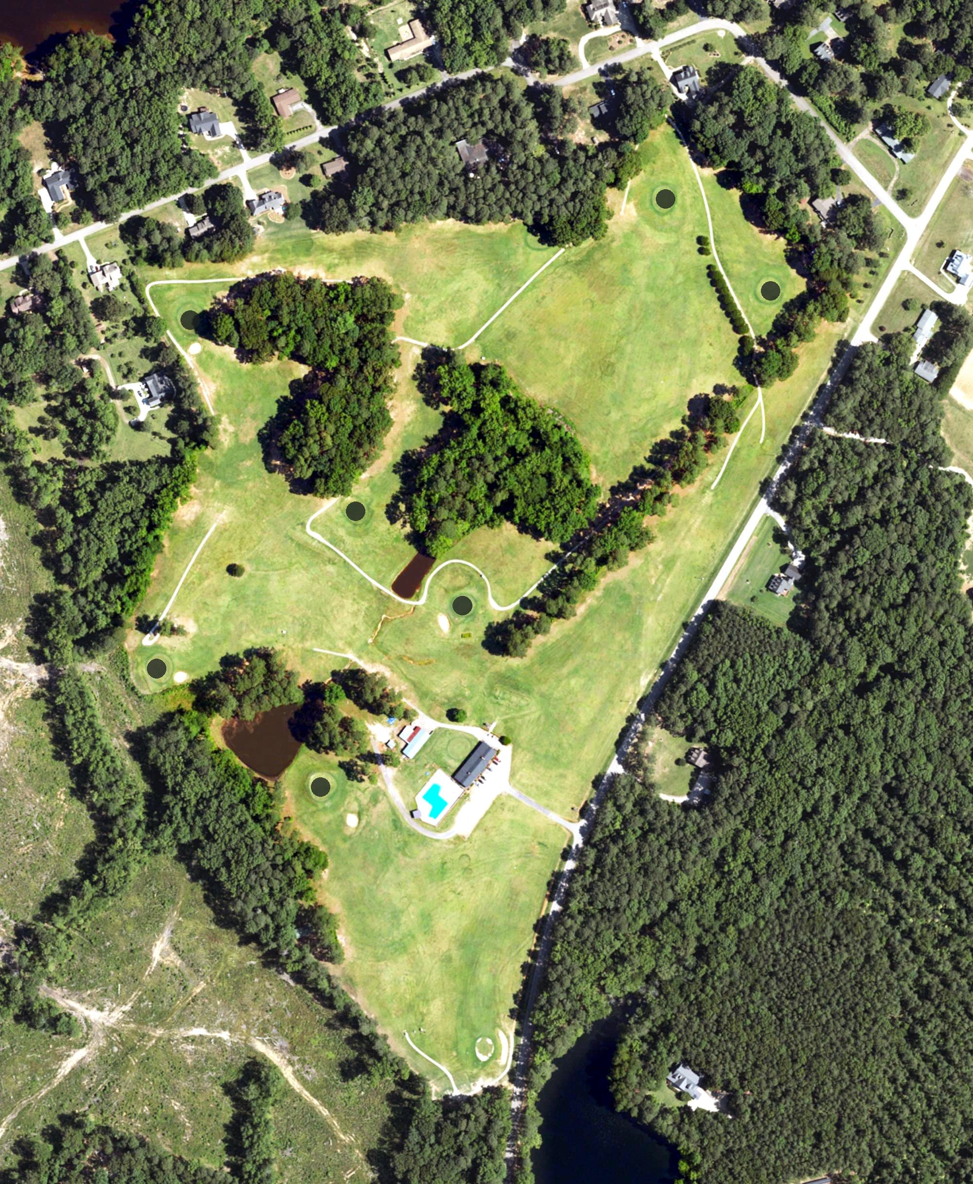Aerial view of Peachtree Hills Country Club, NC, with its hole routing marked