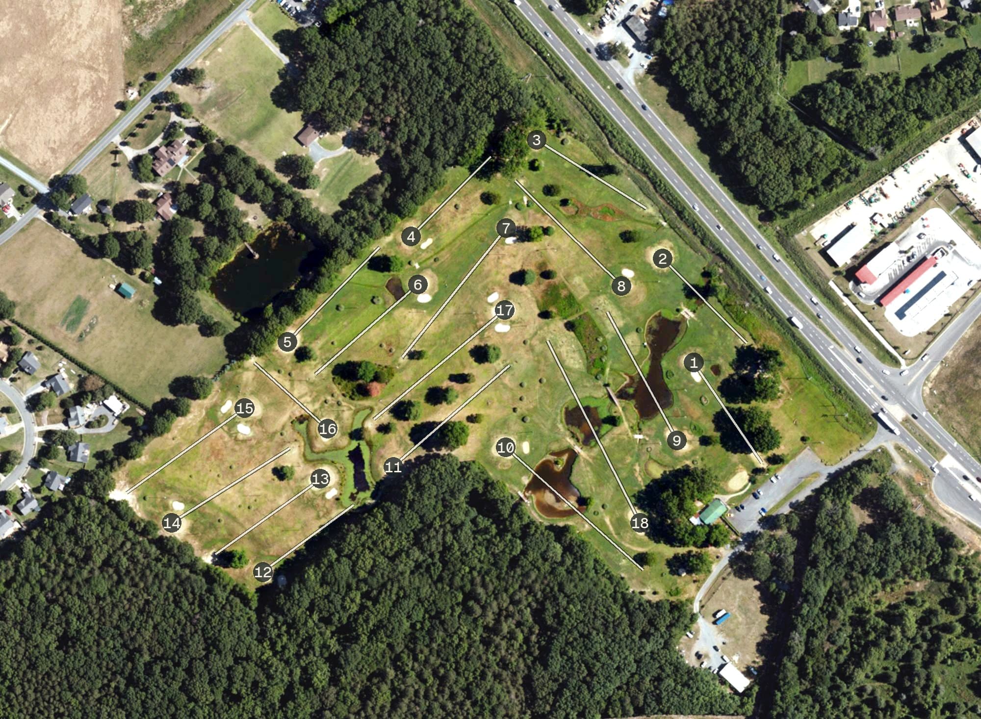 Aerial view of Pebble Creek Golf Golf Course, NC, with its hole routing marked
