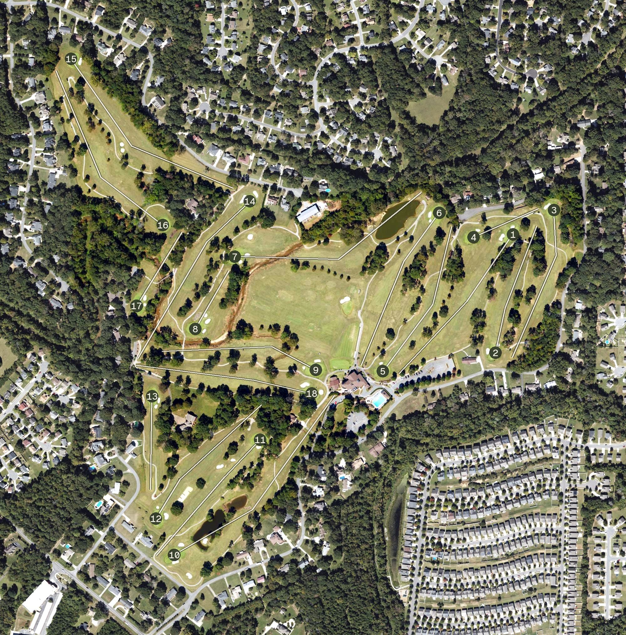 Aerial view of Pine Island Country Club, NC, with its hole routing marked