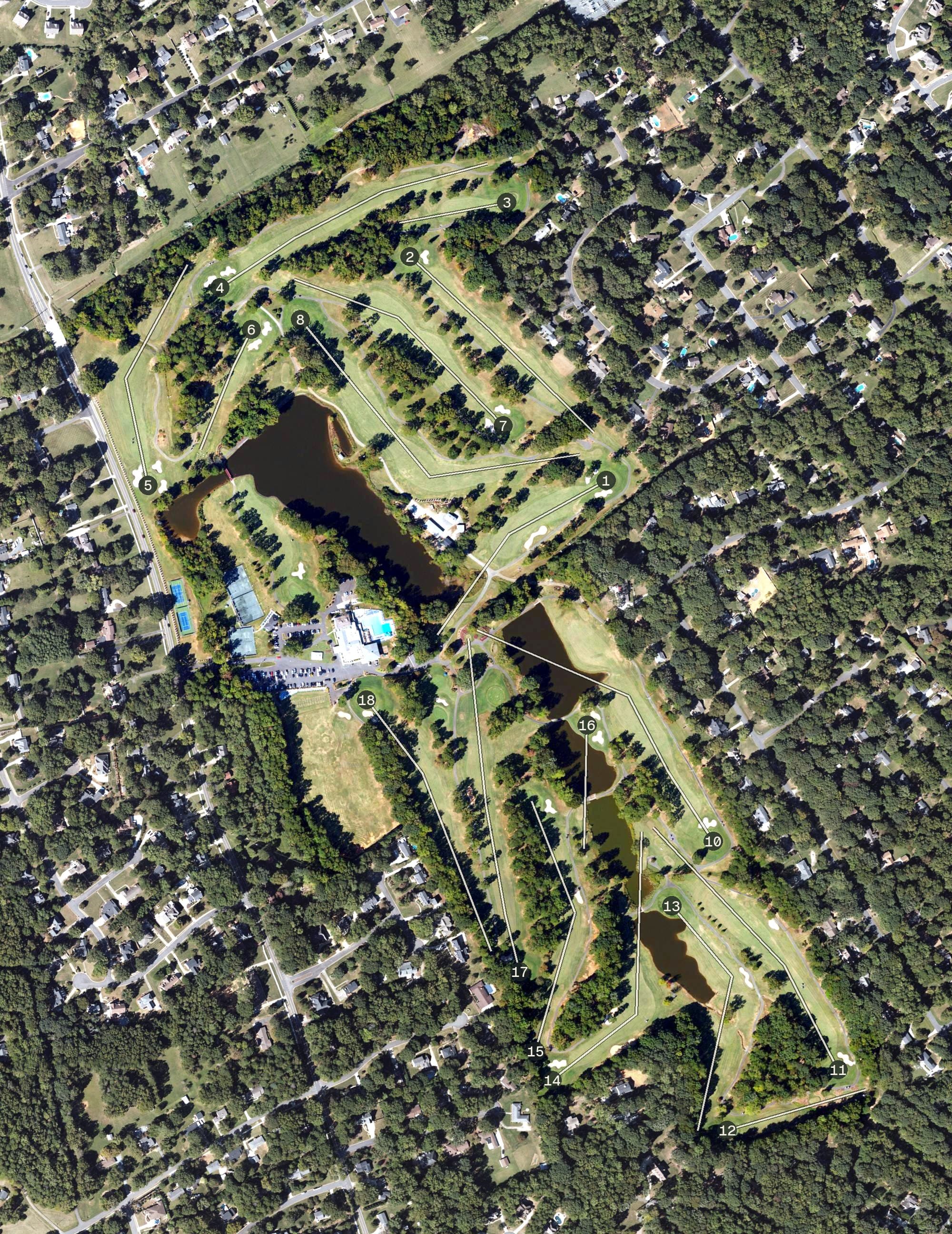 Aerial view of Pine Lake Country Club, NC, with its hole routing marked