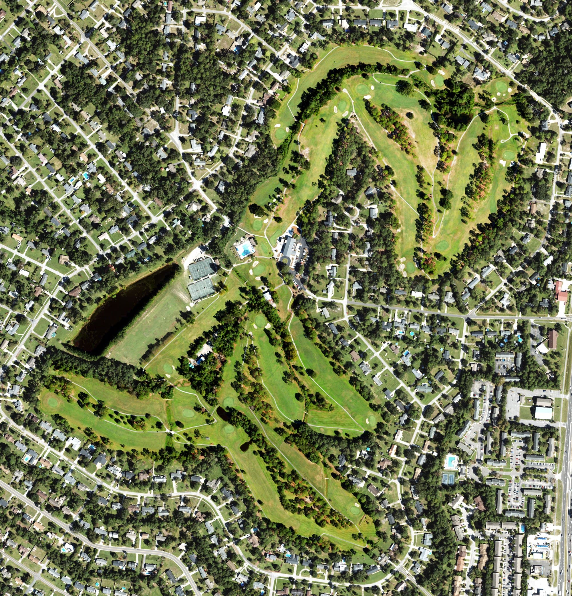 Aerial view of Pine Valley Country Club, NC, with its hole routing marked