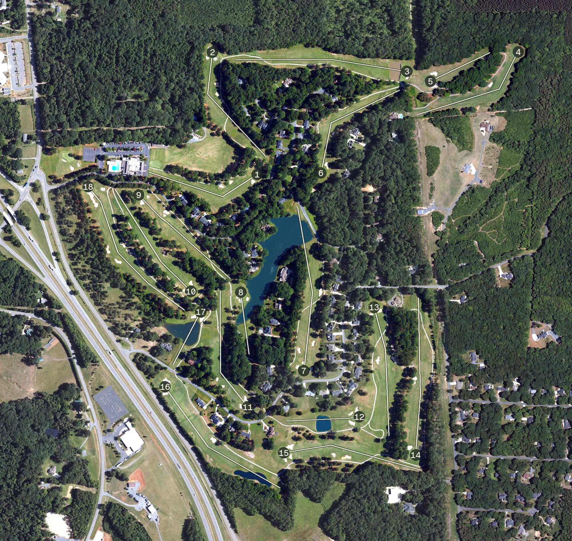 Aerial view of Pinewood Country Club, NC, with its hole routing marked