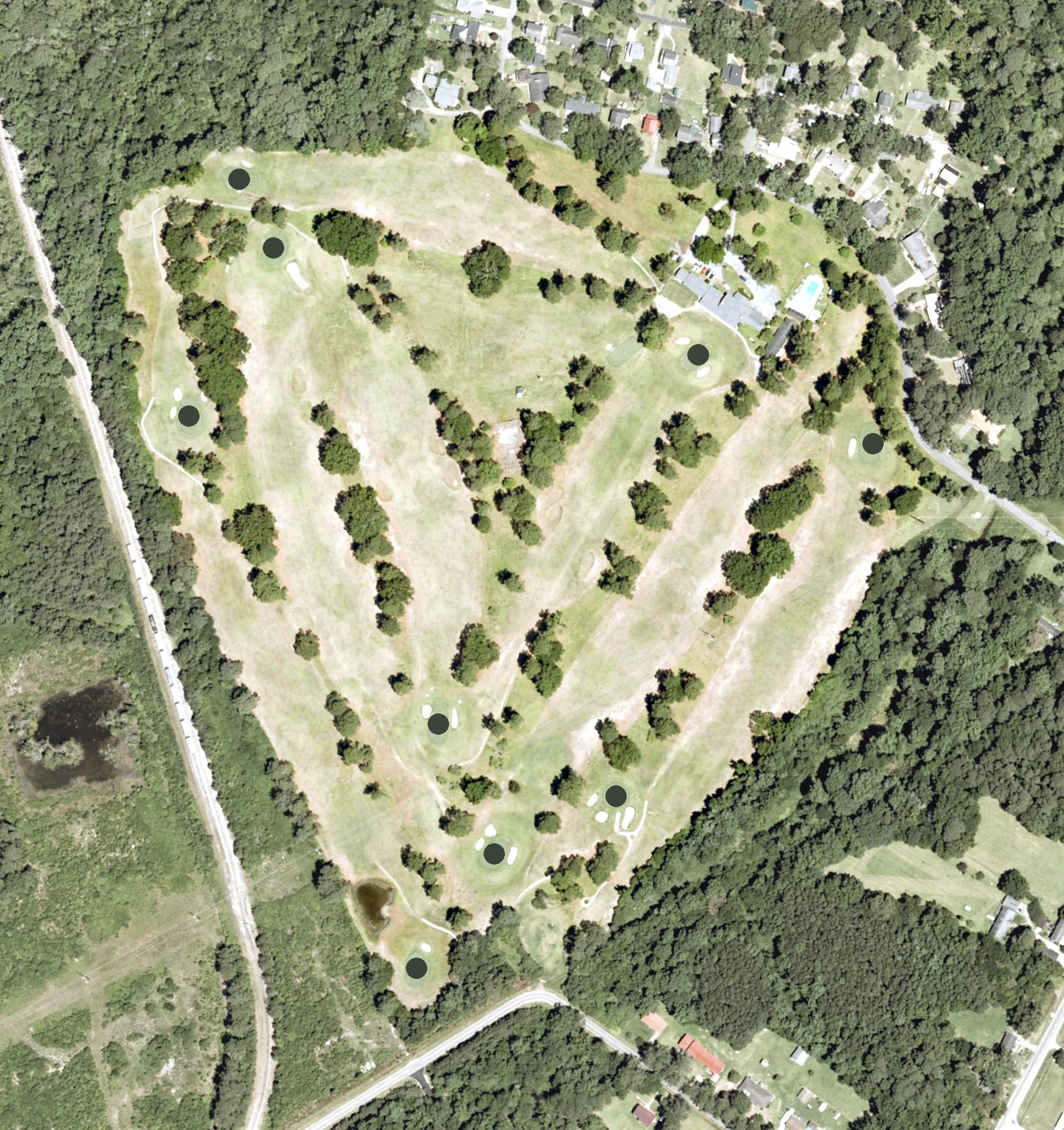 Aerial view of Plymouth Country Club, NC, with its hole routing marked