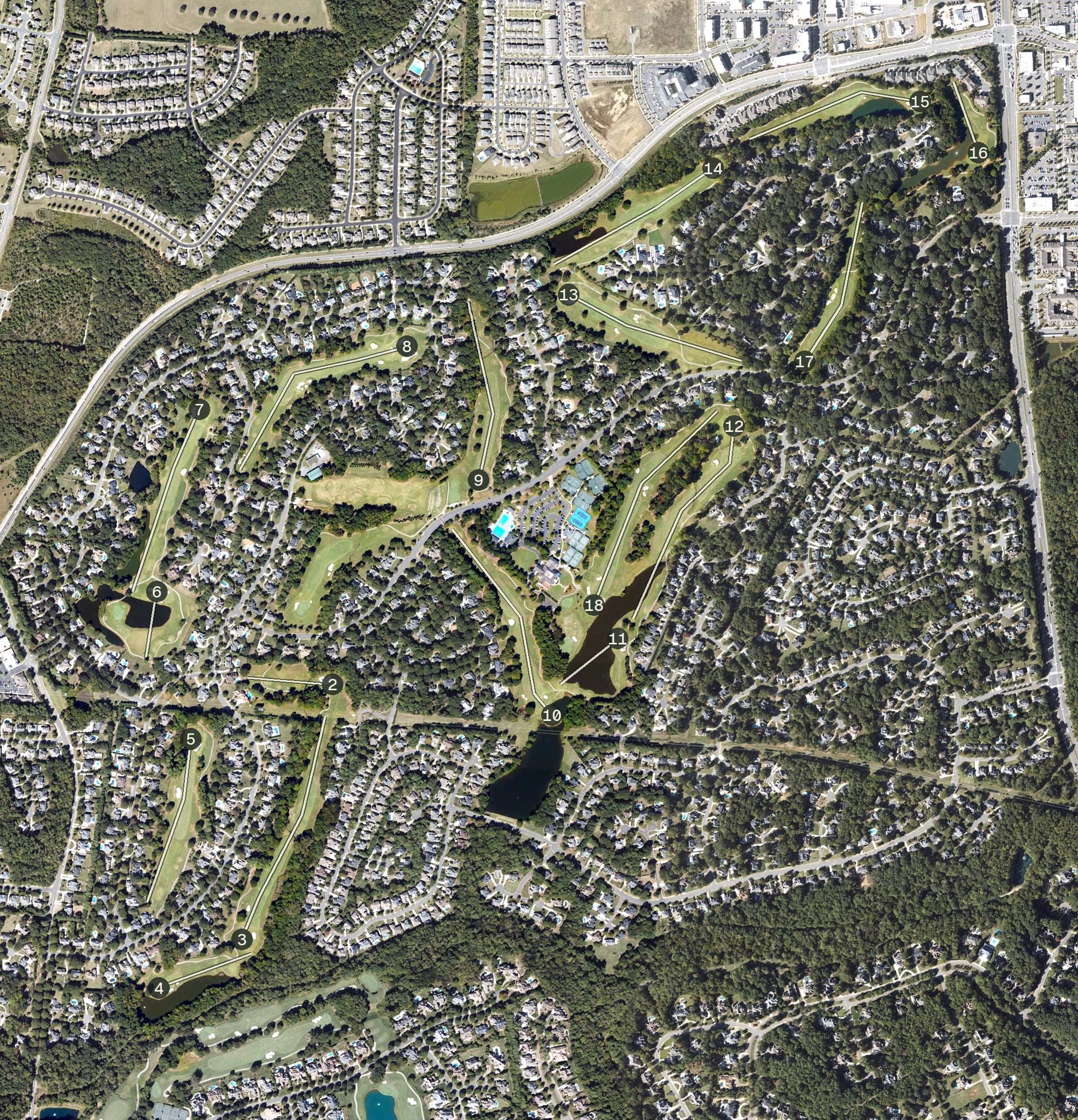 Aerial view of Providence Country Club, NC, with its hole routing marked