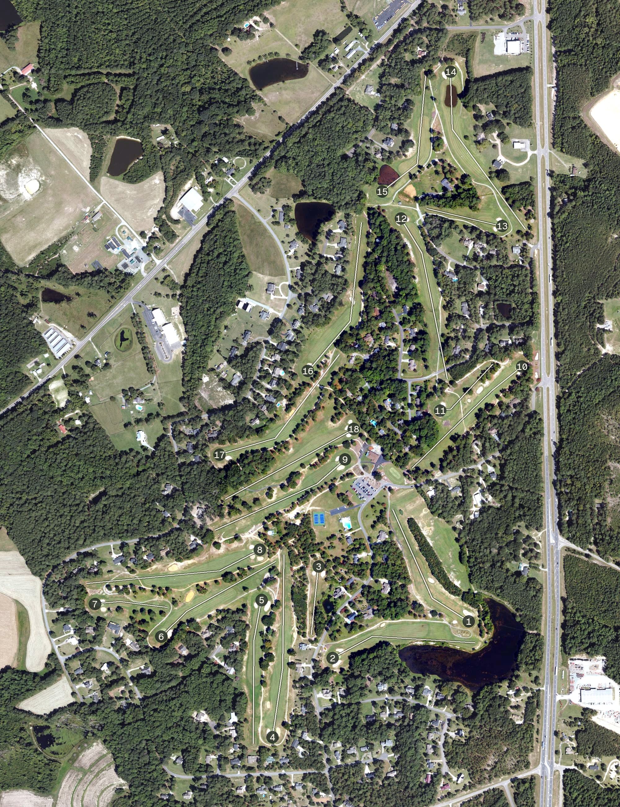Aerial view of Quail Ridge Golf Club, NC, with its hole routing marked