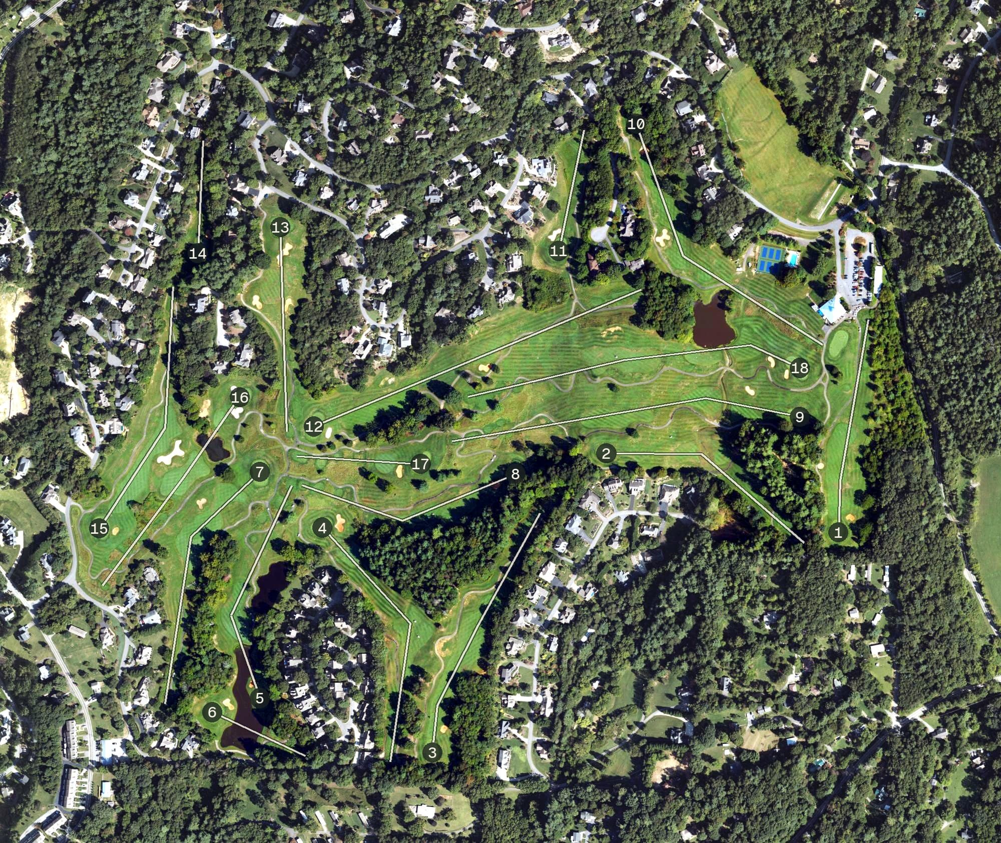 Aerial view of Reems Creek Golf Club, NC, with its hole routing marked