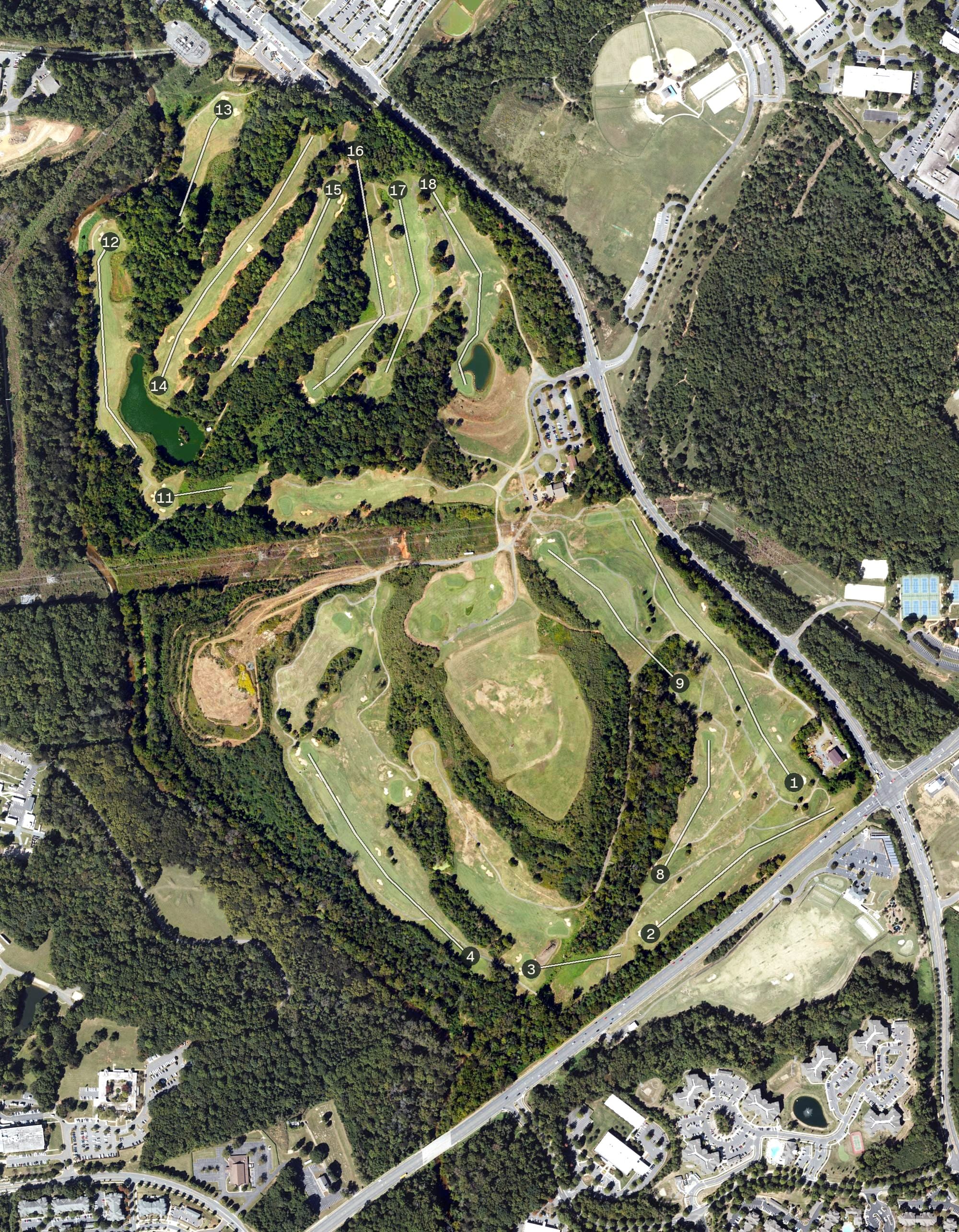 Aerial view of Renaissance Park Golf Course, NC, with its hole routing marked