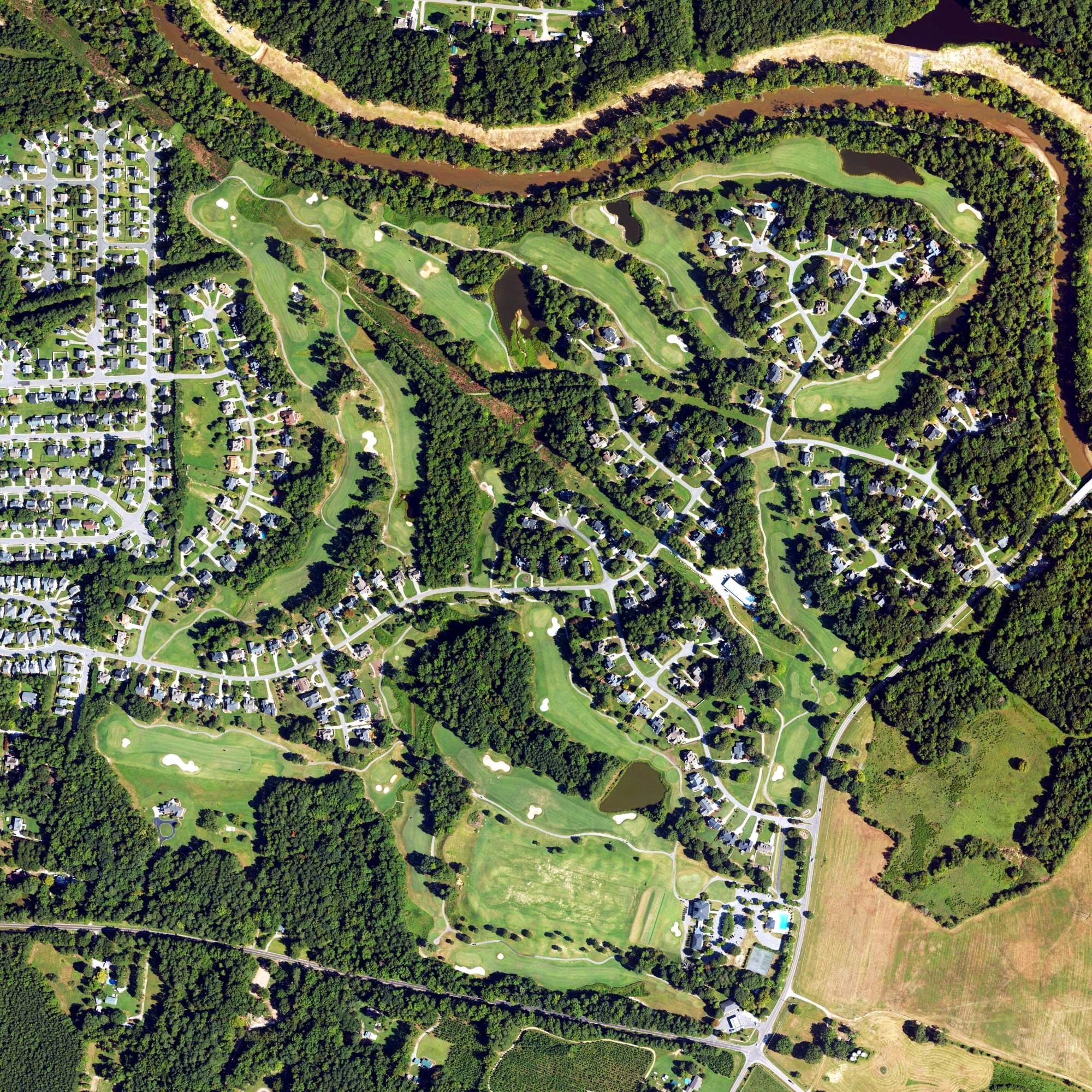 Aerial view of River Ridge Golf Club, NC, with its hole routing marked