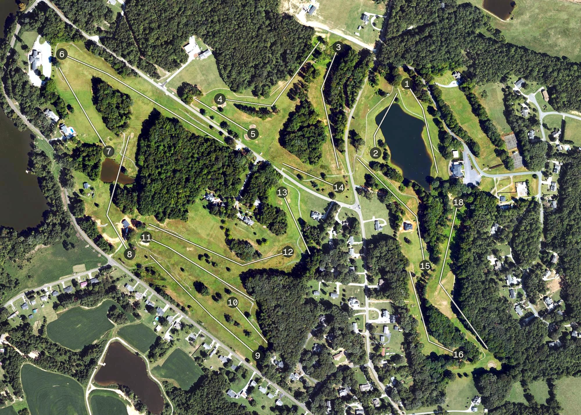 Aerial view of Roxboro Country Club, NC, with its hole routing marked