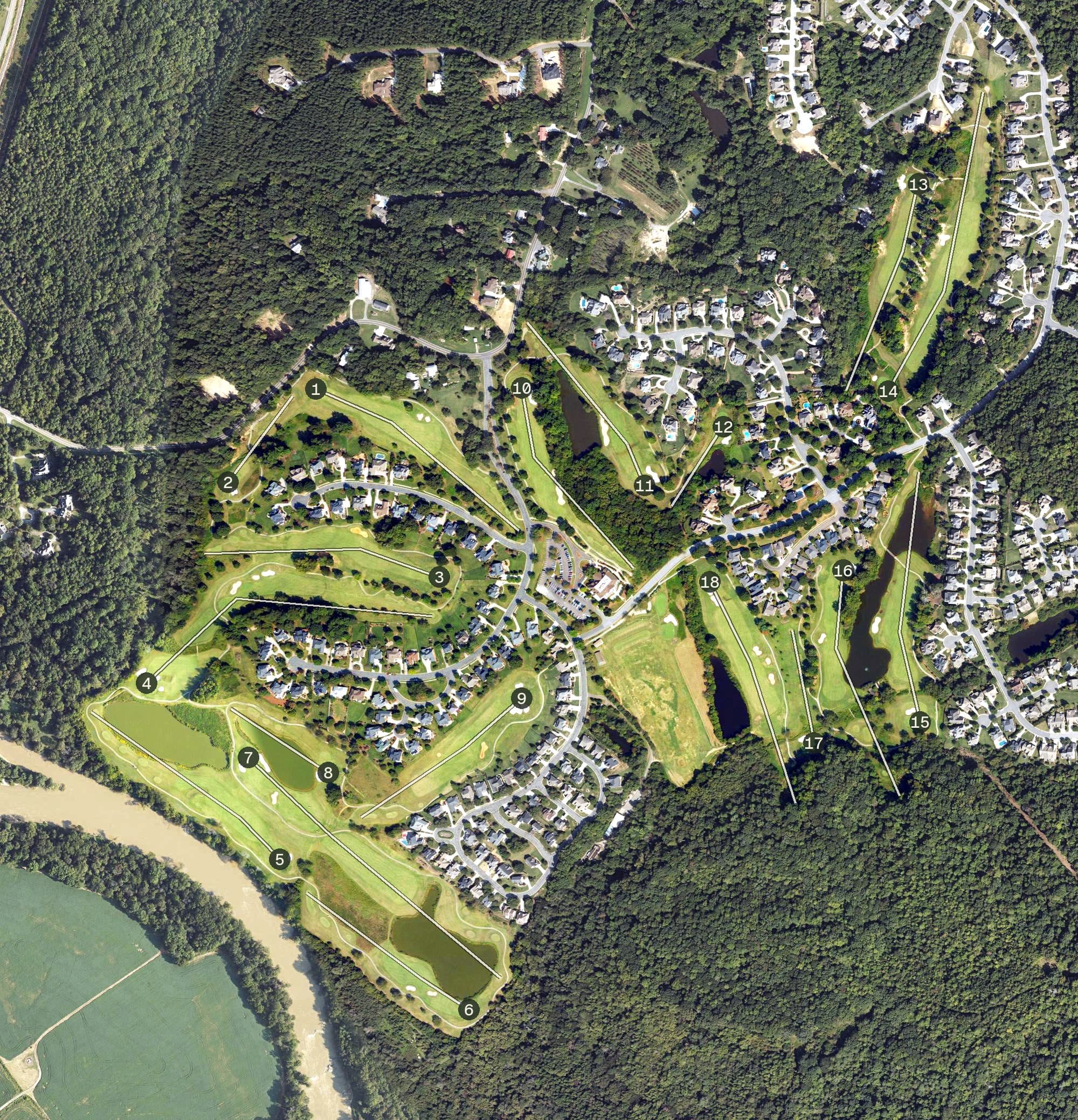 Aerial view of Salem Glen Country Club, NC, with its hole routing marked
