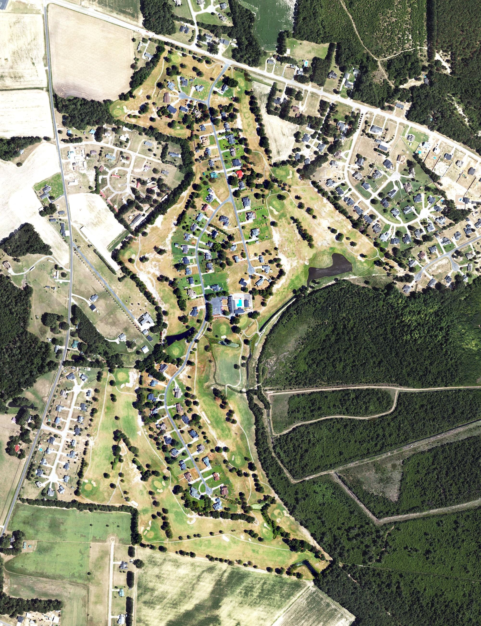 Aerial view of Sandy Ridge Country Club, NC, with its hole routing marked
