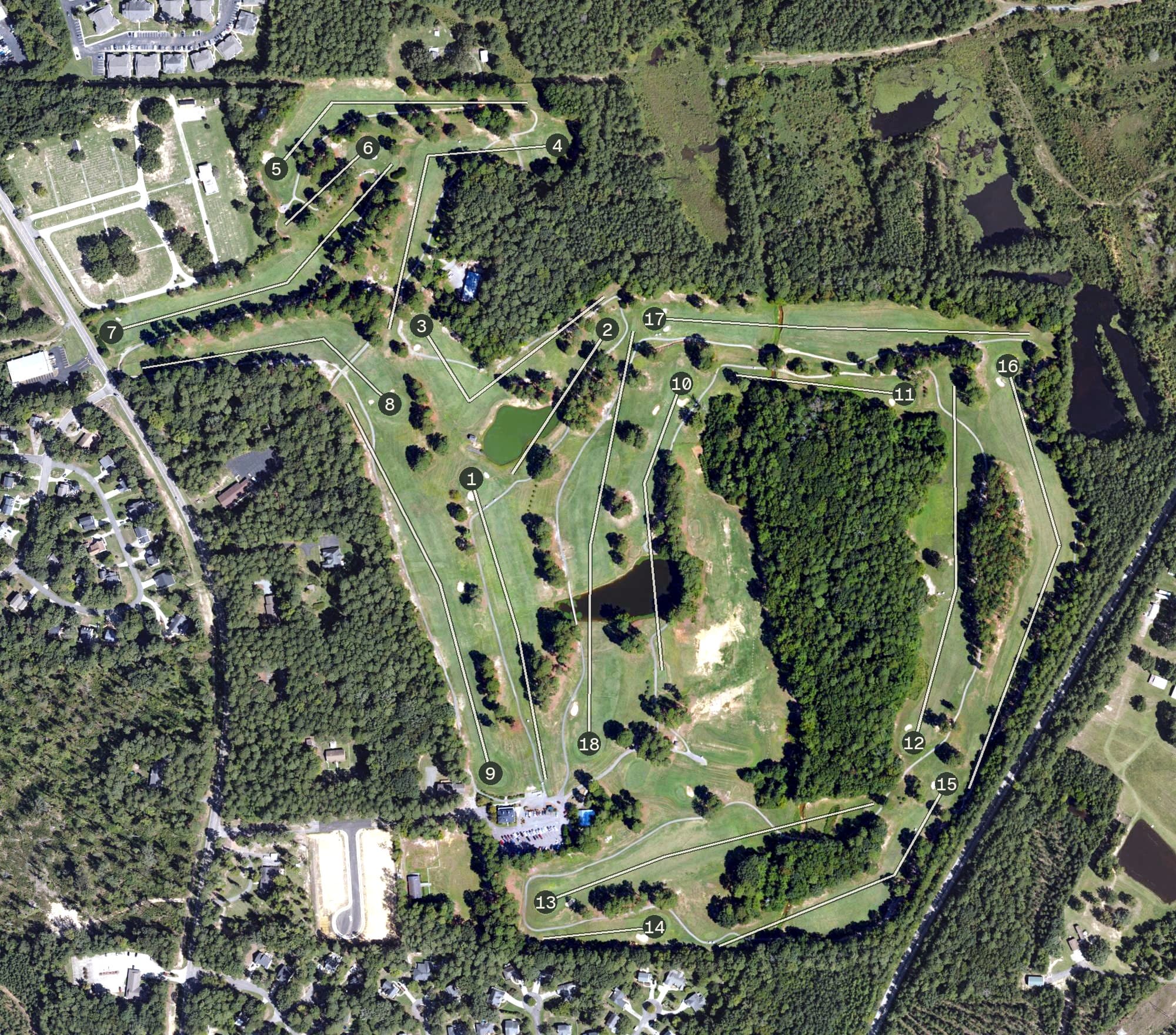 Aerial view of Sanford Municipal Golf Course, NC, with its hole routing marked