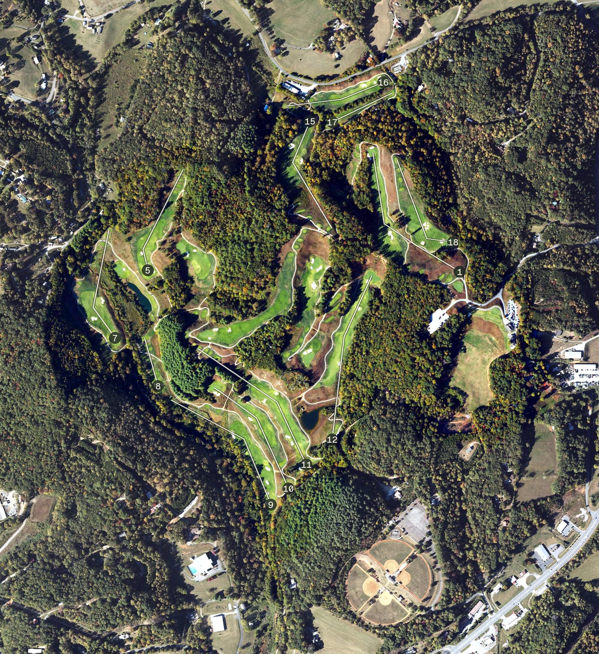 Aerial view of Sequoyah National Golf Club, NC, with its hole routing marked