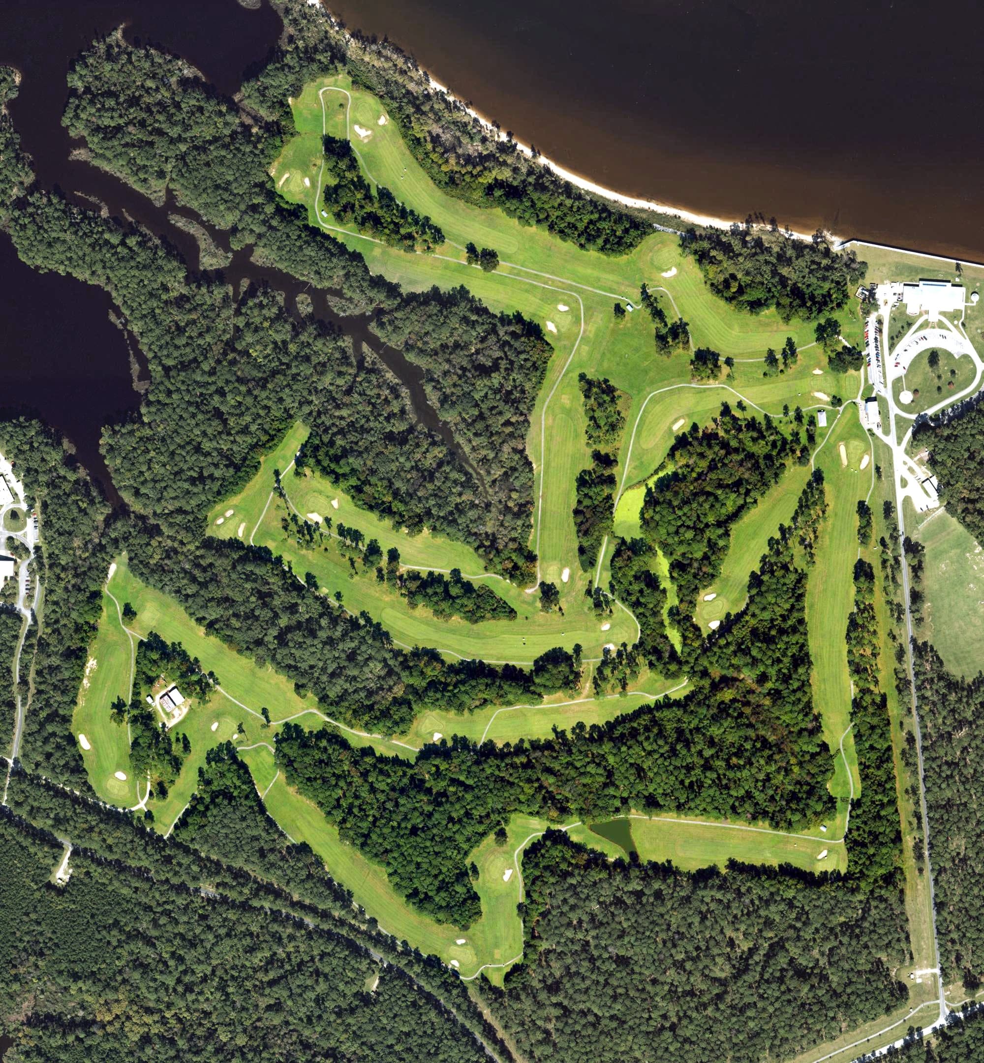 Aerial view of Sound of Freedom Golf Course, NC, with its hole routing marked