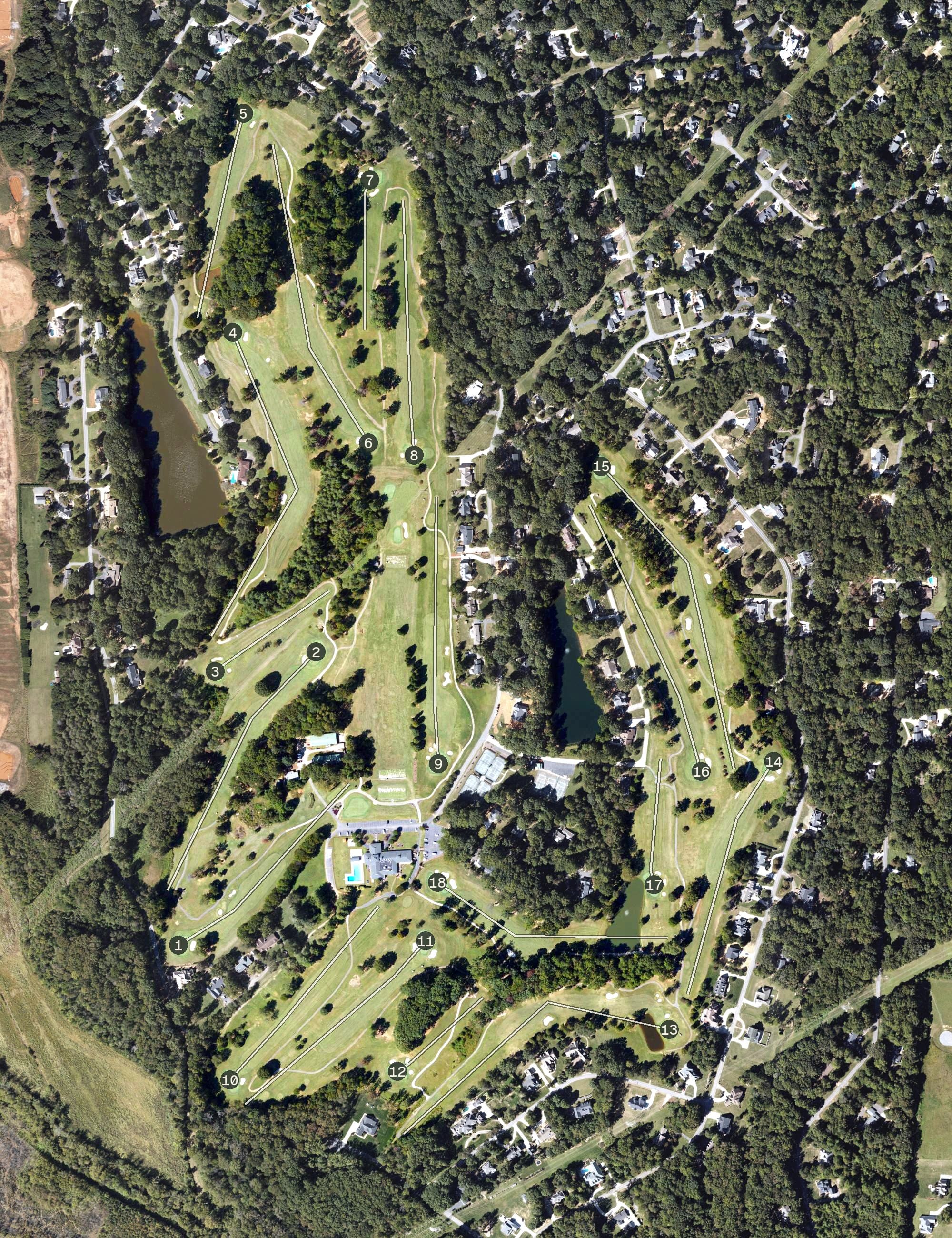 Aerial view of Statesville Country Club, NC, with its hole routing marked