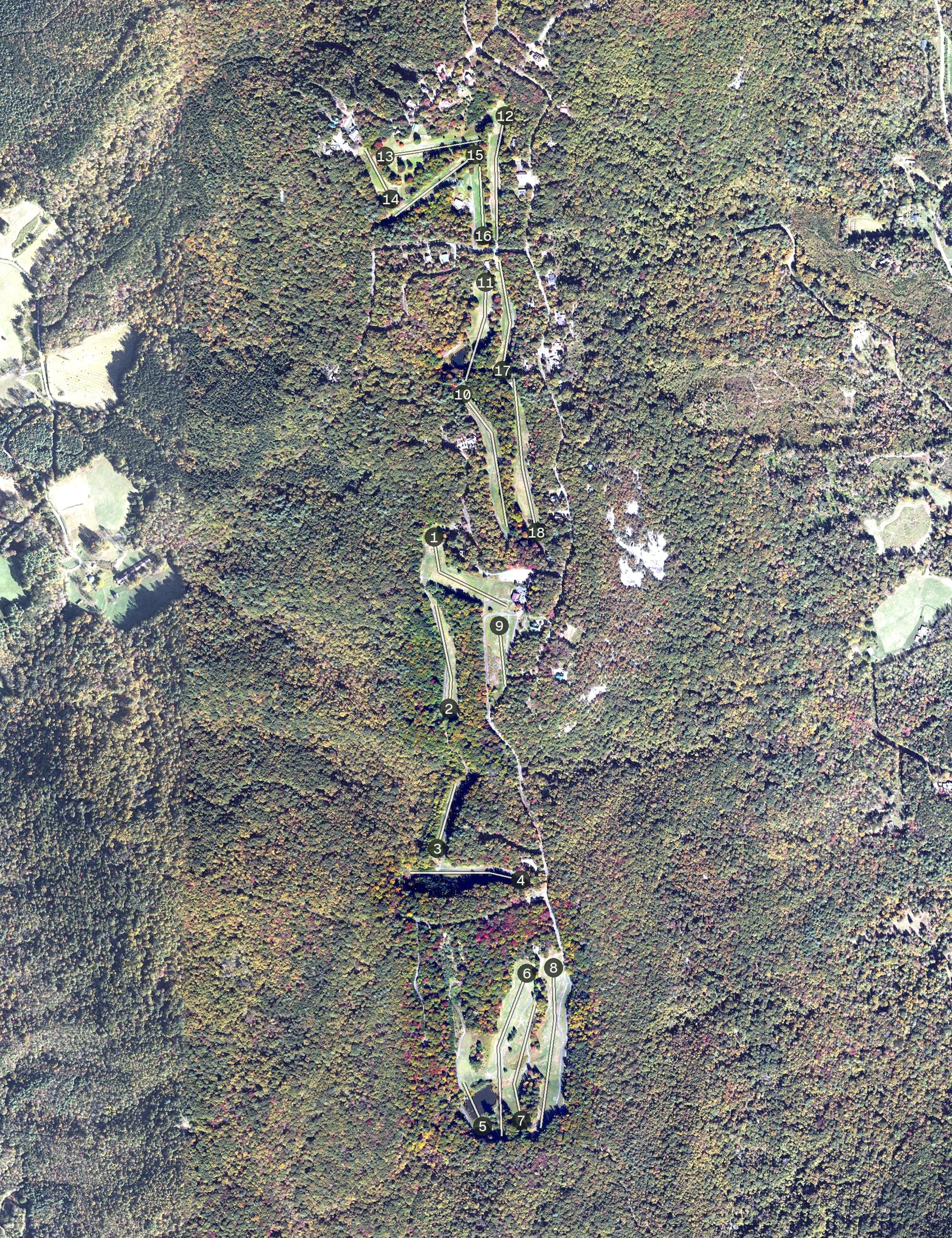 Aerial view of Stone Mountain Golf Club, NC, with its hole routing marked