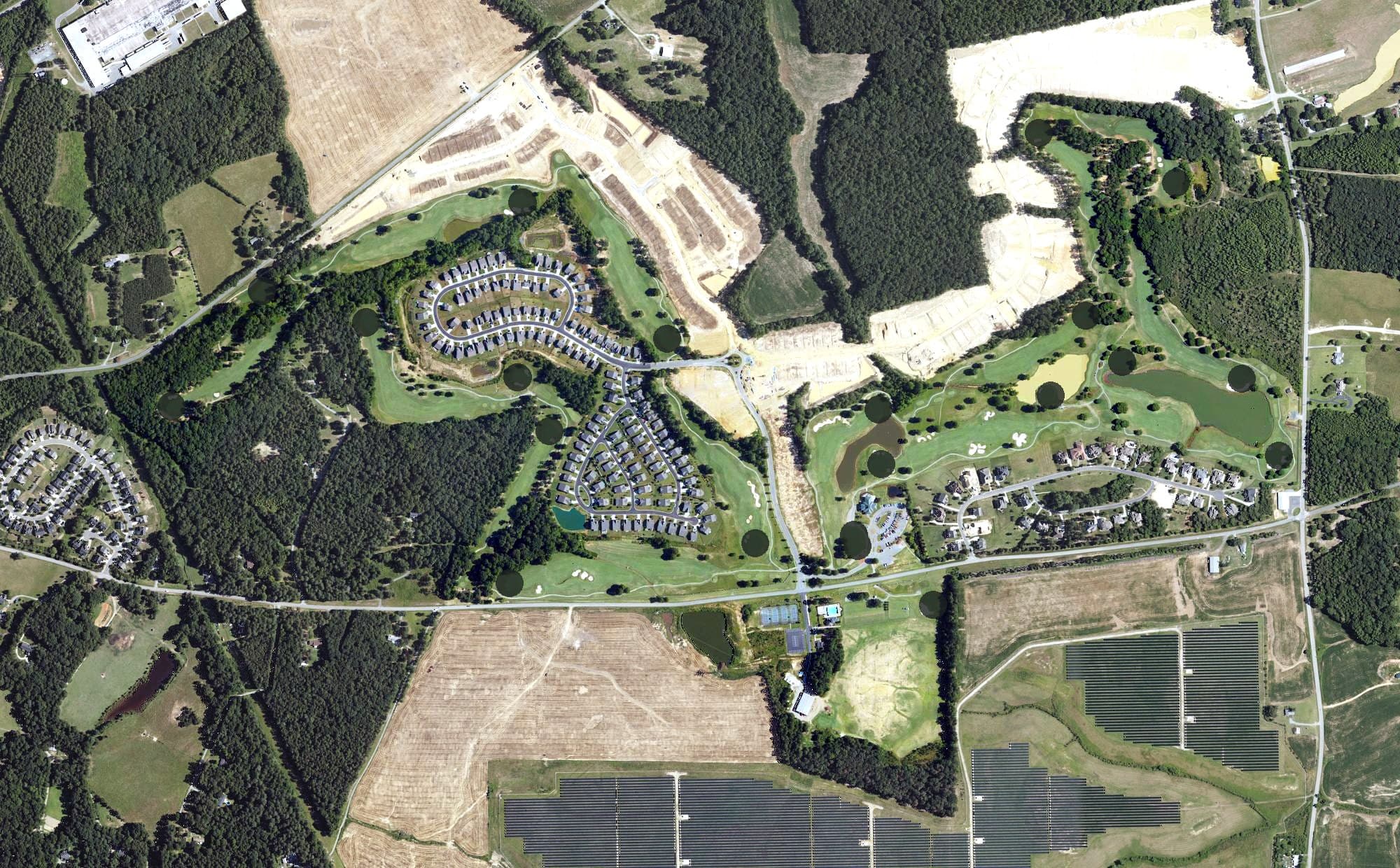 Aerial view of Stonebridge Golf Club, NC, with its hole routing marked