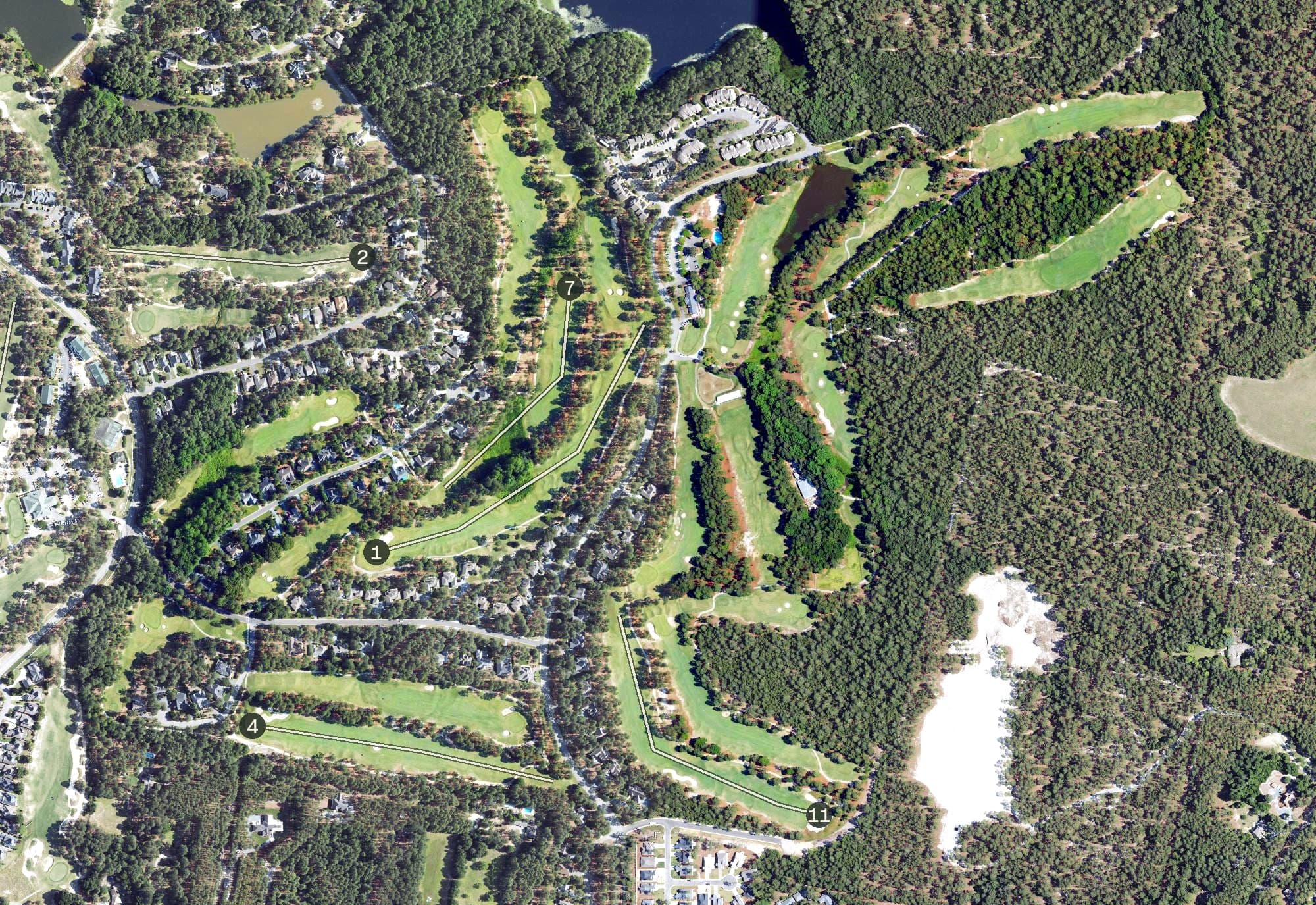 Aerial view of Talamore Golf Club, NC, with its hole routing marked