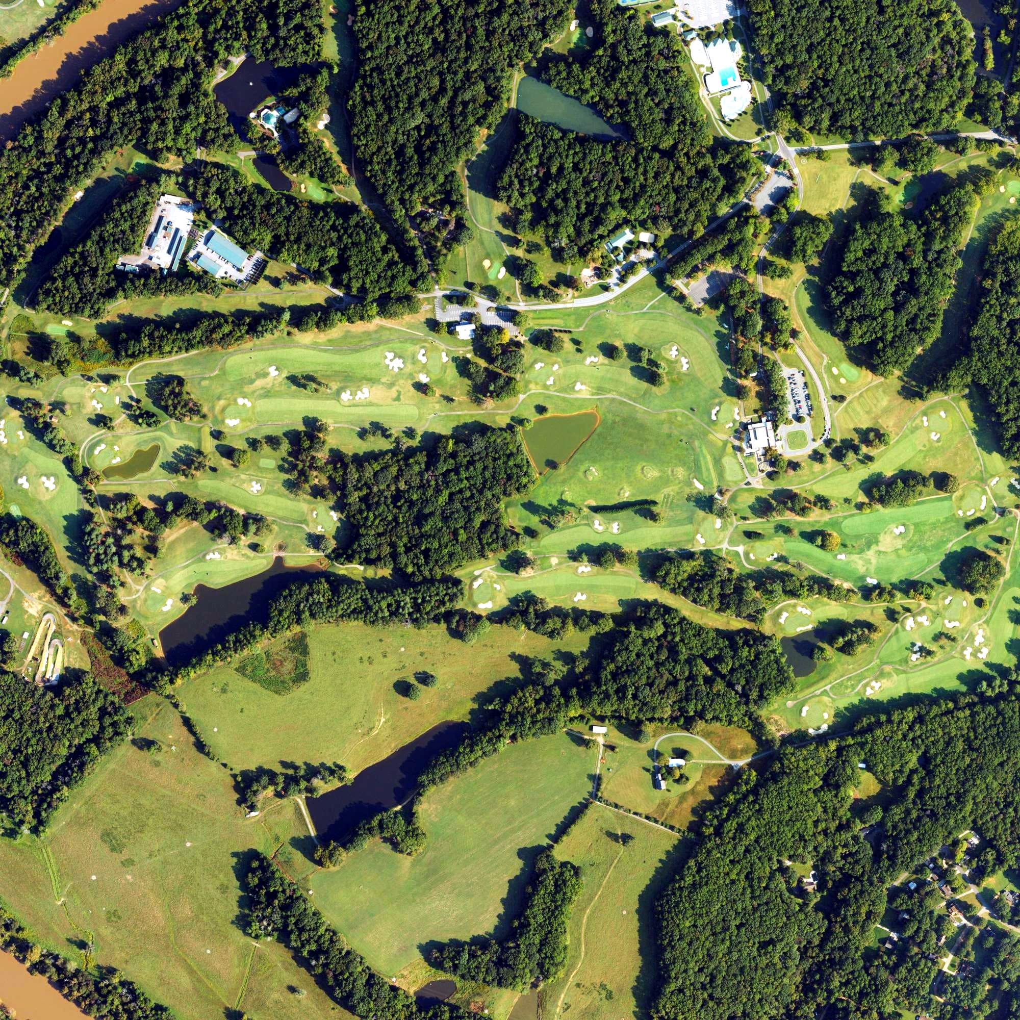 Aerial view of Tanglewood Championship Course, NC, with its hole routing marked
