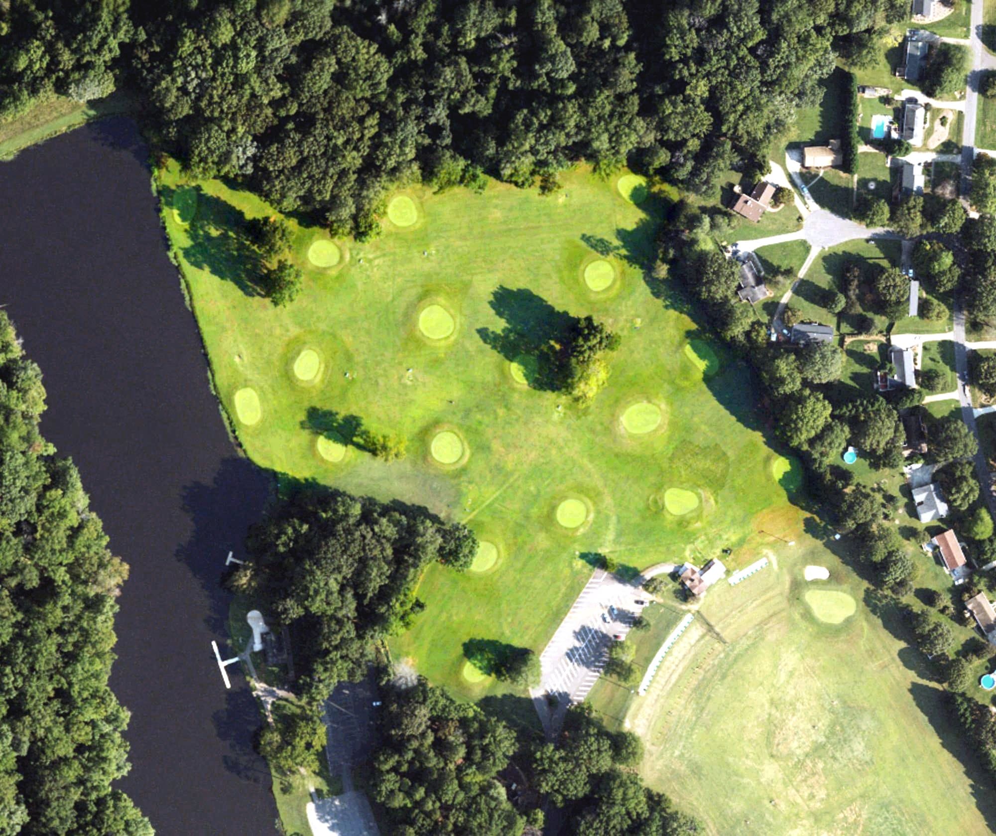Aerial view of Tanglewood Par 3 Course, NC, with its hole routing marked