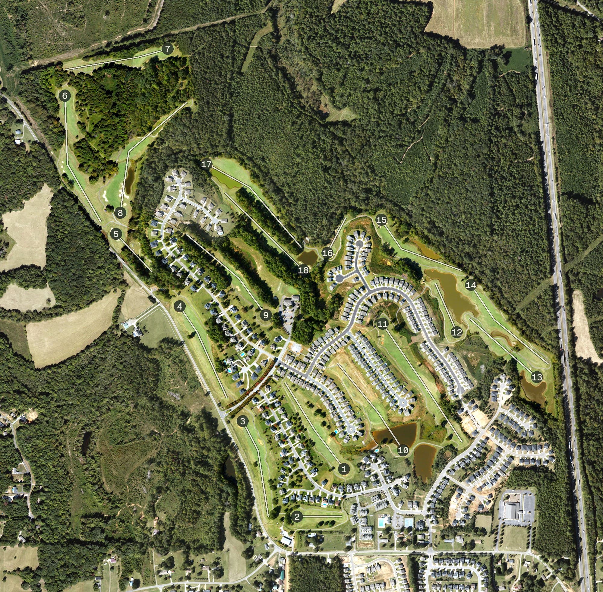 Aerial view of The 500 Club Golf Course, NC, with its hole routing marked