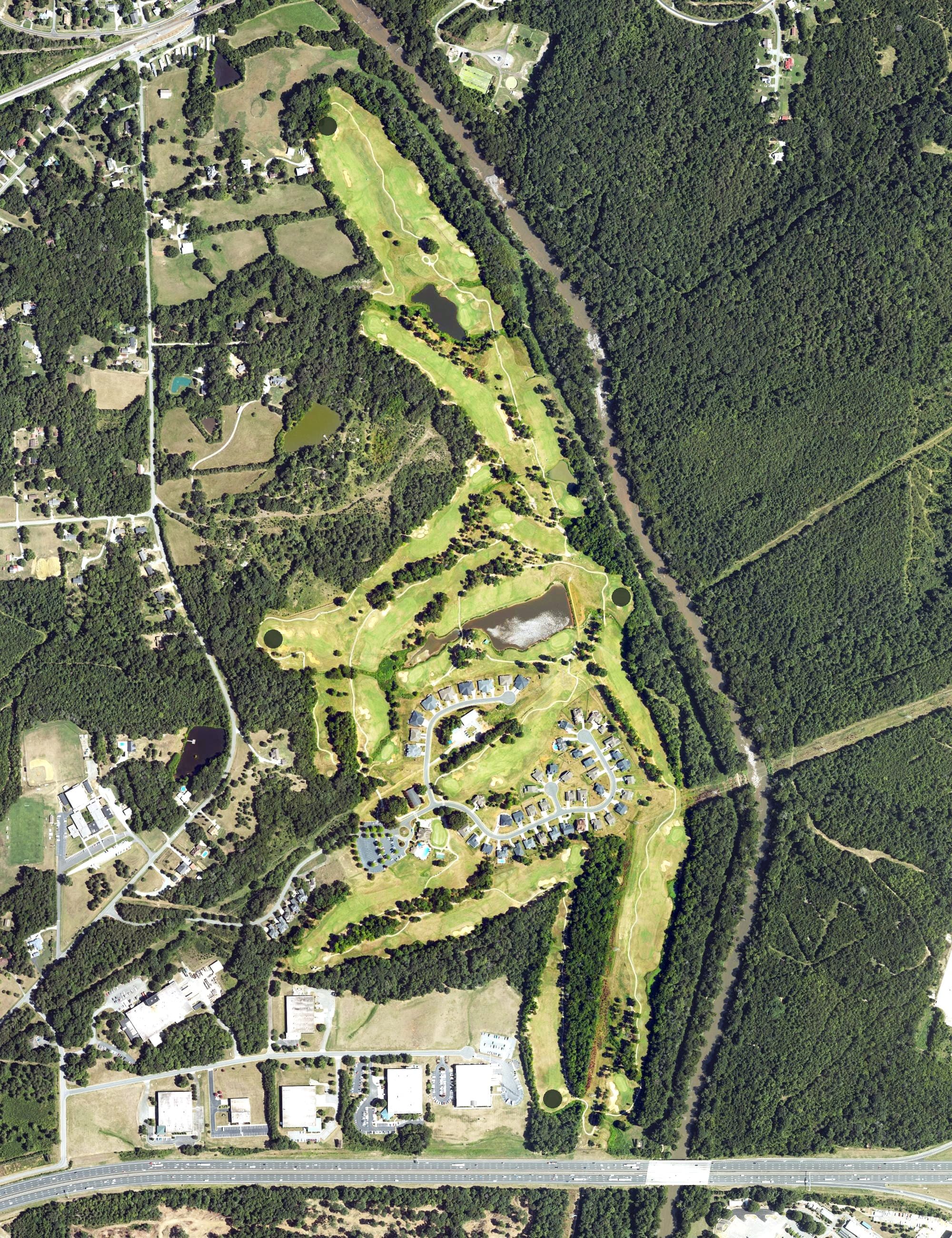 Aerial view of The Challenge Golf Club, NC, with its hole routing marked