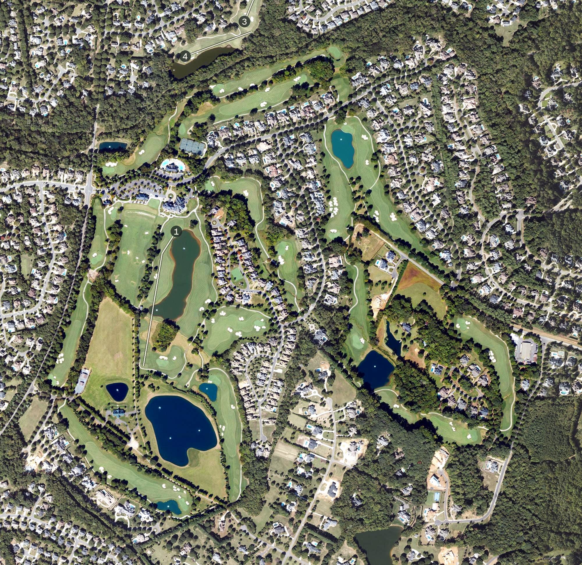 Aerial view of The Club at Longview, NC, with its hole routing marked