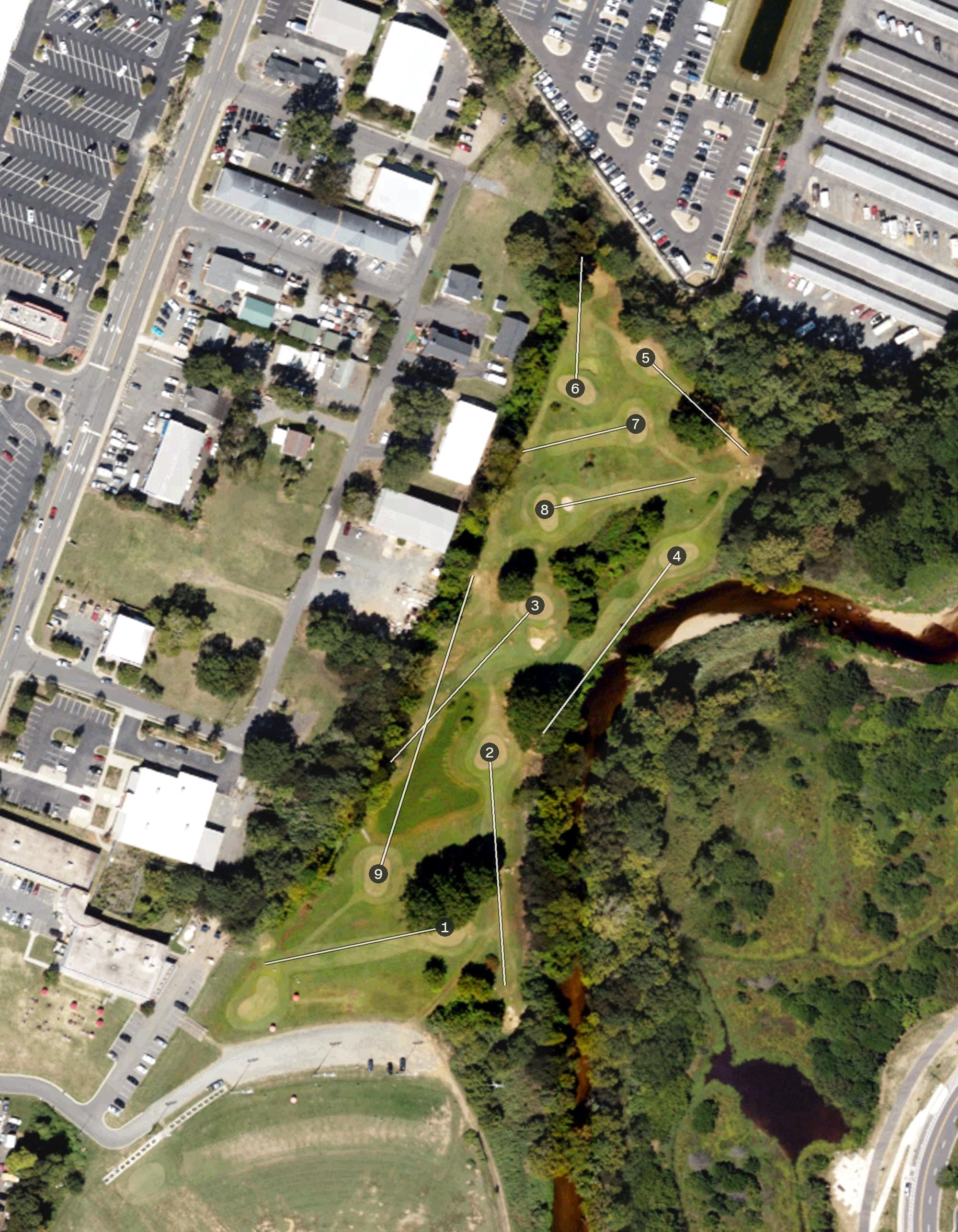 Aerial view of The Golf Village, NC, with its hole routing marked