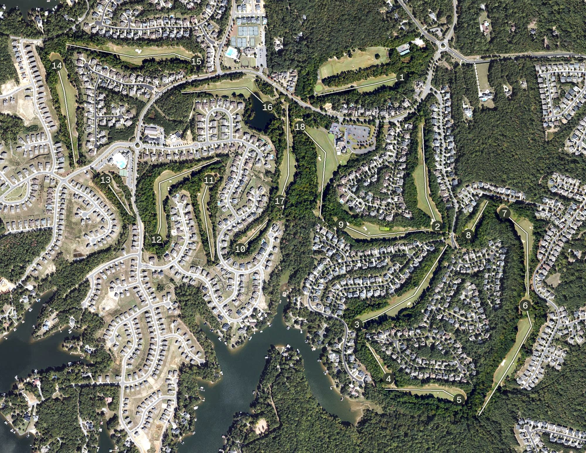 Aerial view of The Palisades Country Club, NC, with its hole routing marked