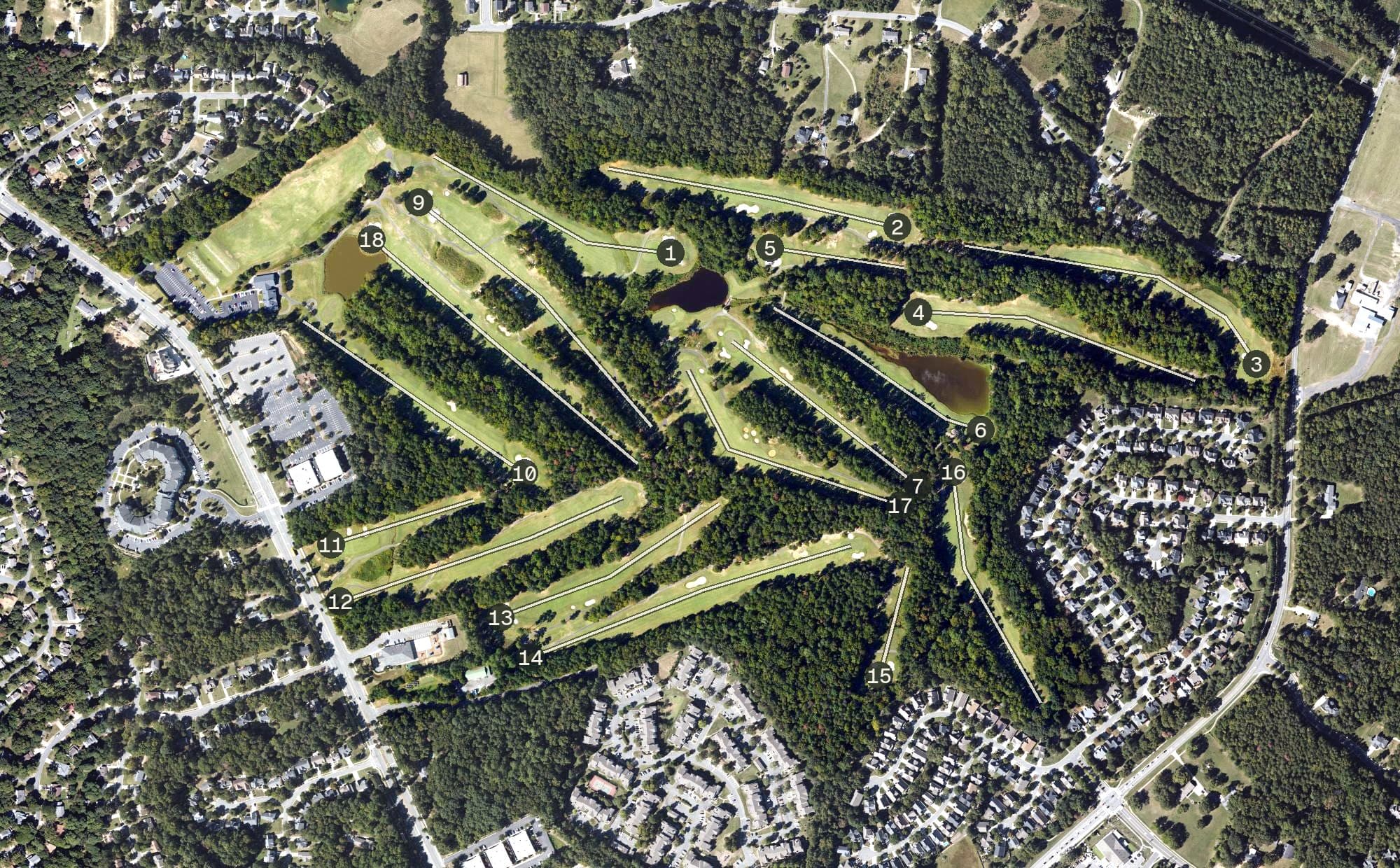 Aerial view of The Tradition Golf Club, NC, with its hole routing marked