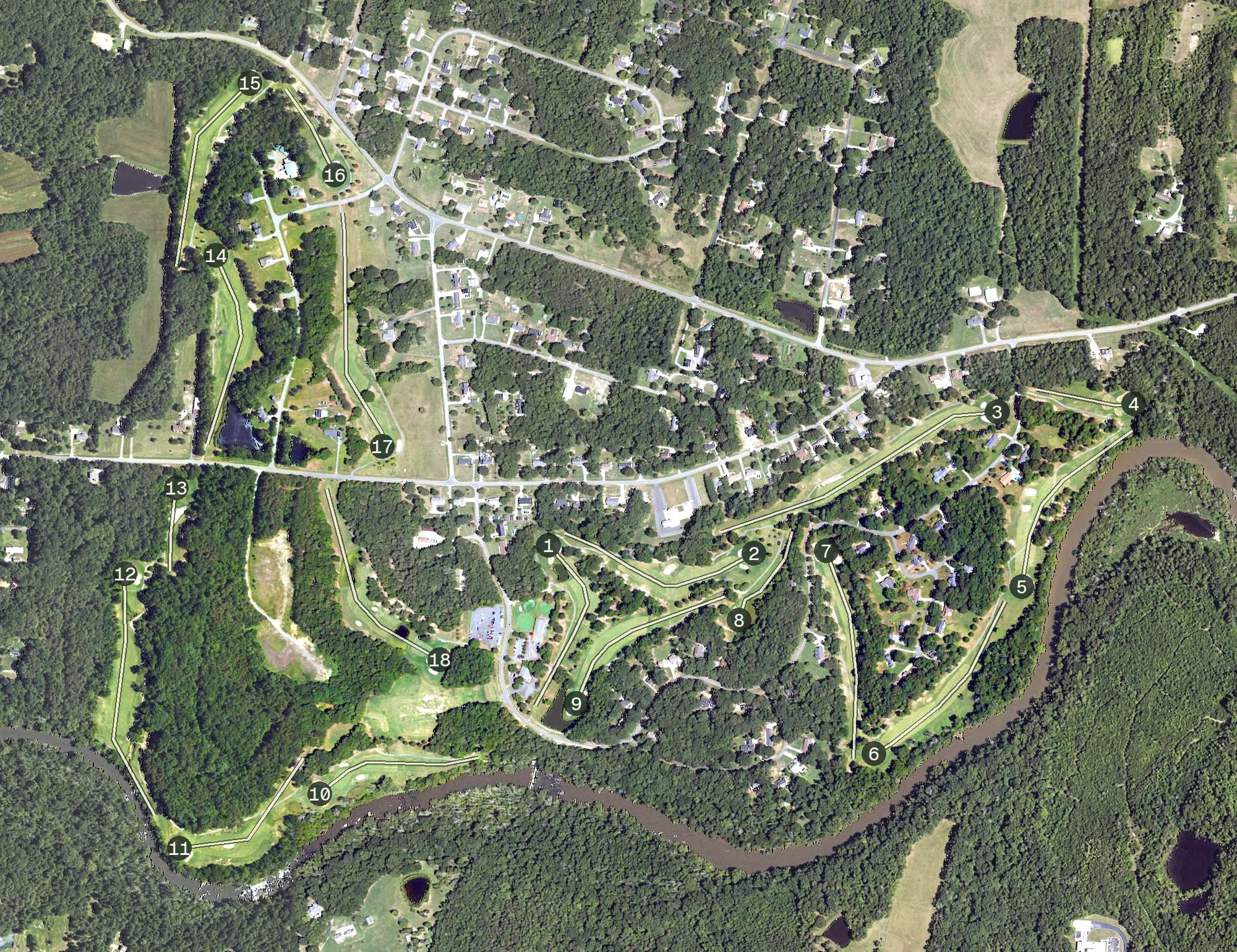 Aerial view of The Valley Golf Course, NC, with its hole routing marked