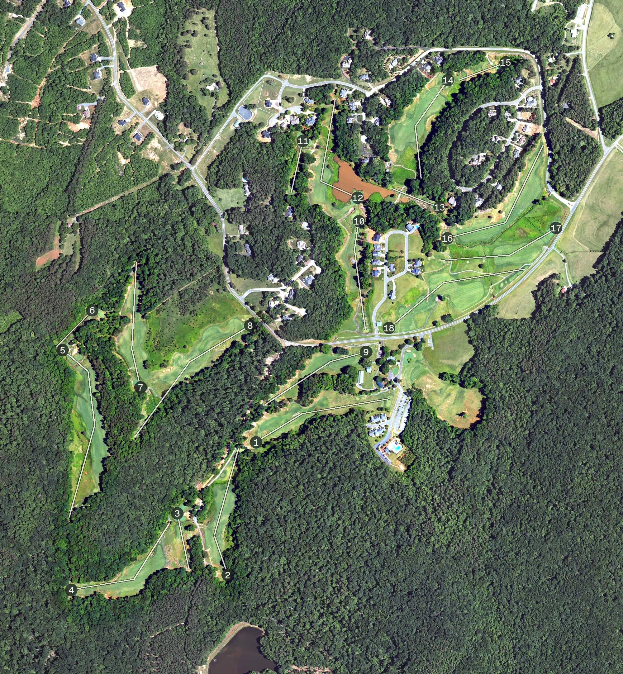 Aerial view of Tot Hill Farm, NC, with its hole routing marked