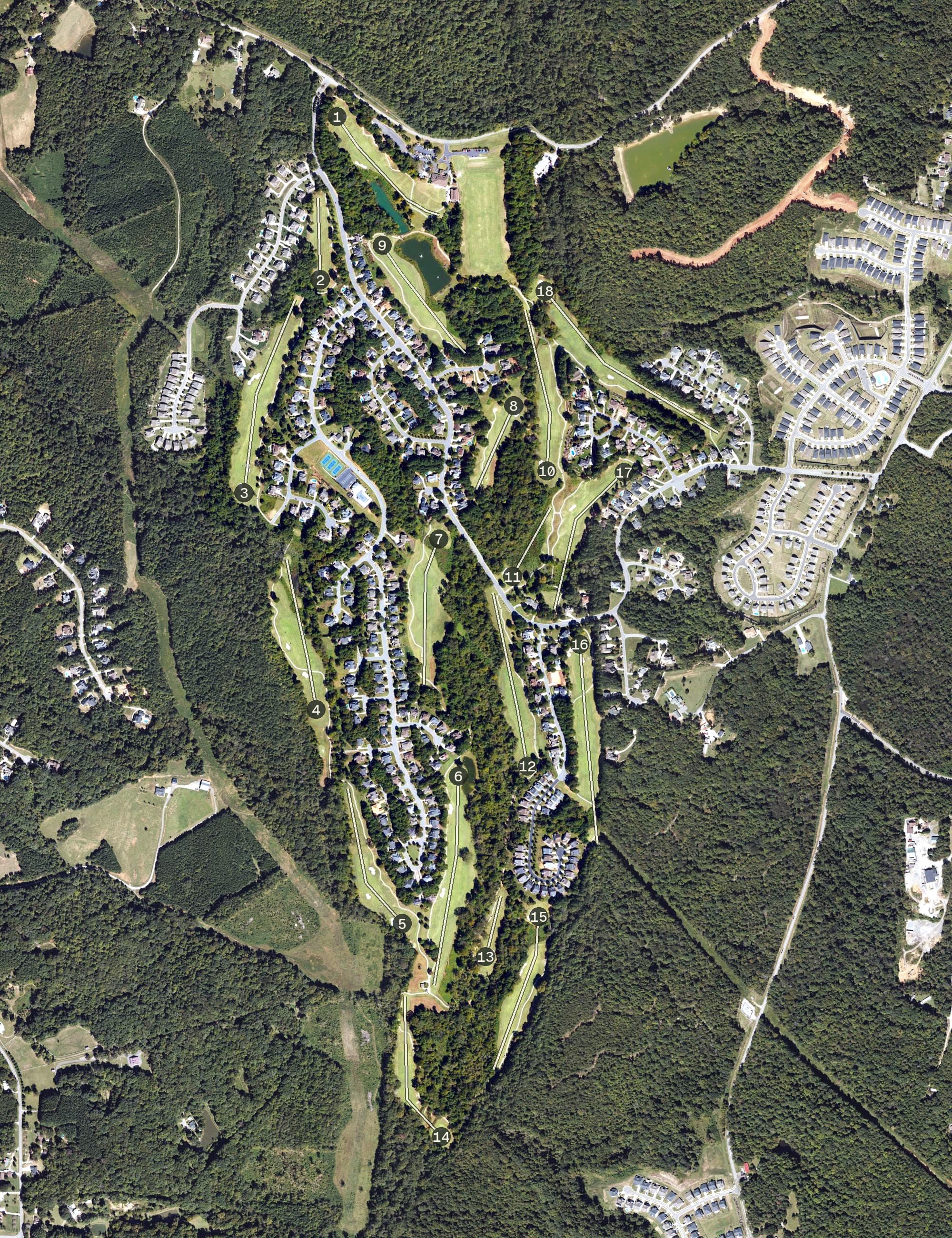 Aerial view of Verdict Ridge Golf & Country Club, NC, with its hole routing marked